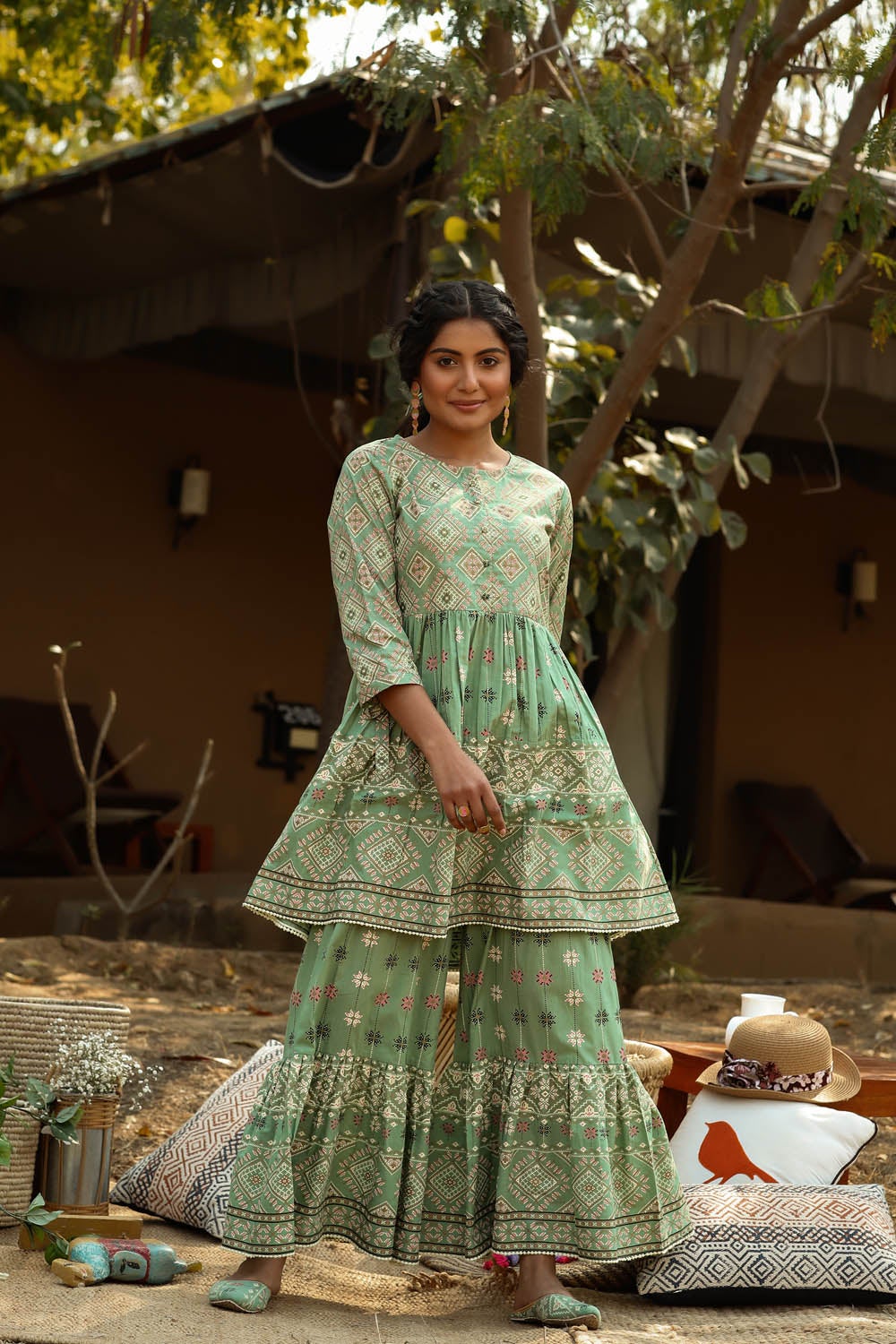 Juniper Pistagreen Cambric Mexican Print Flared Tunic Sharara Set