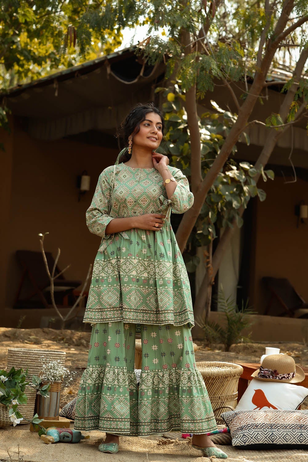 Juniper Pistagreen Cambric Mexican Print Flared Tunic Sharara Set