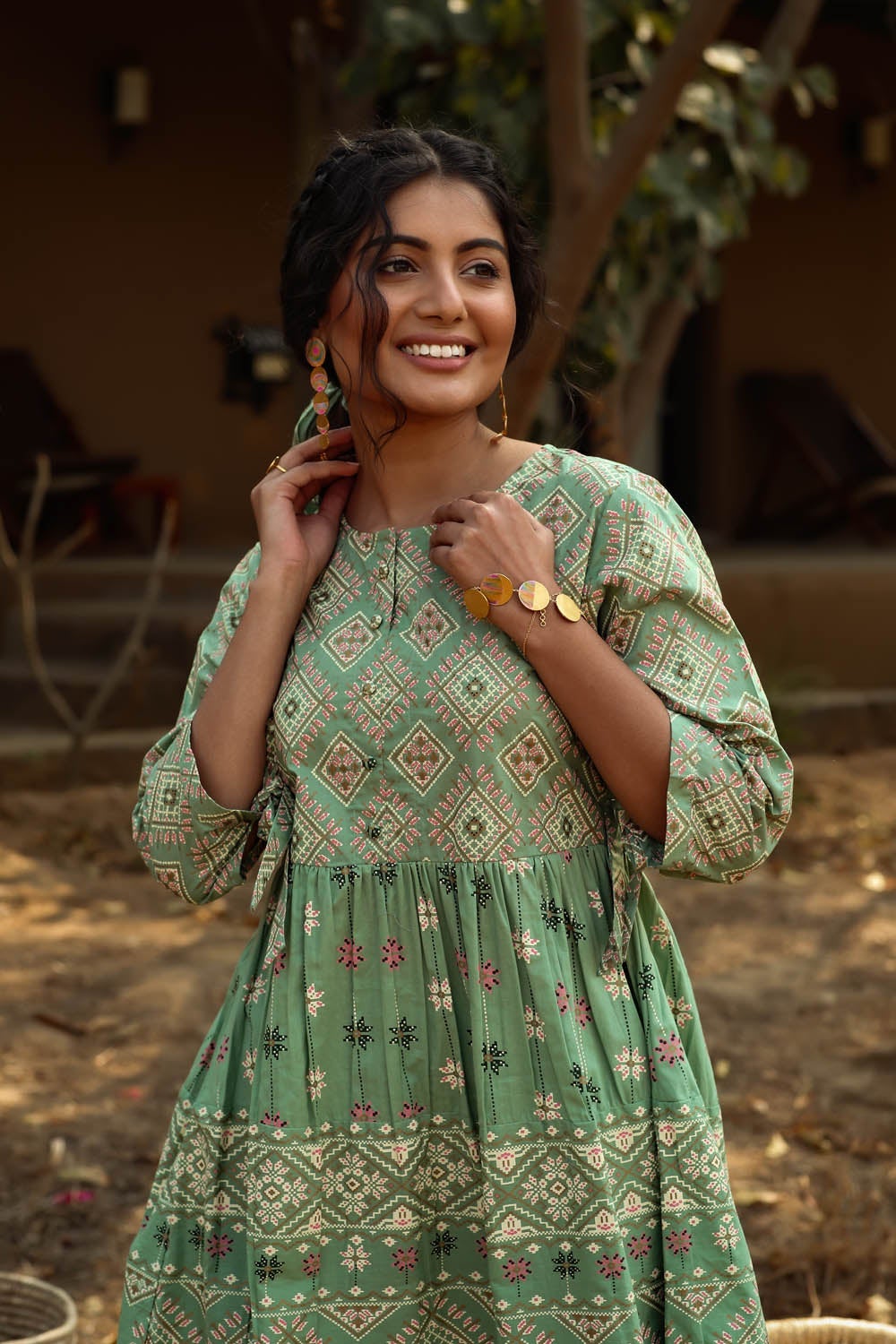 Juniper Pistagreen Cambric Mexican Print Flared Tunic Sharara Set