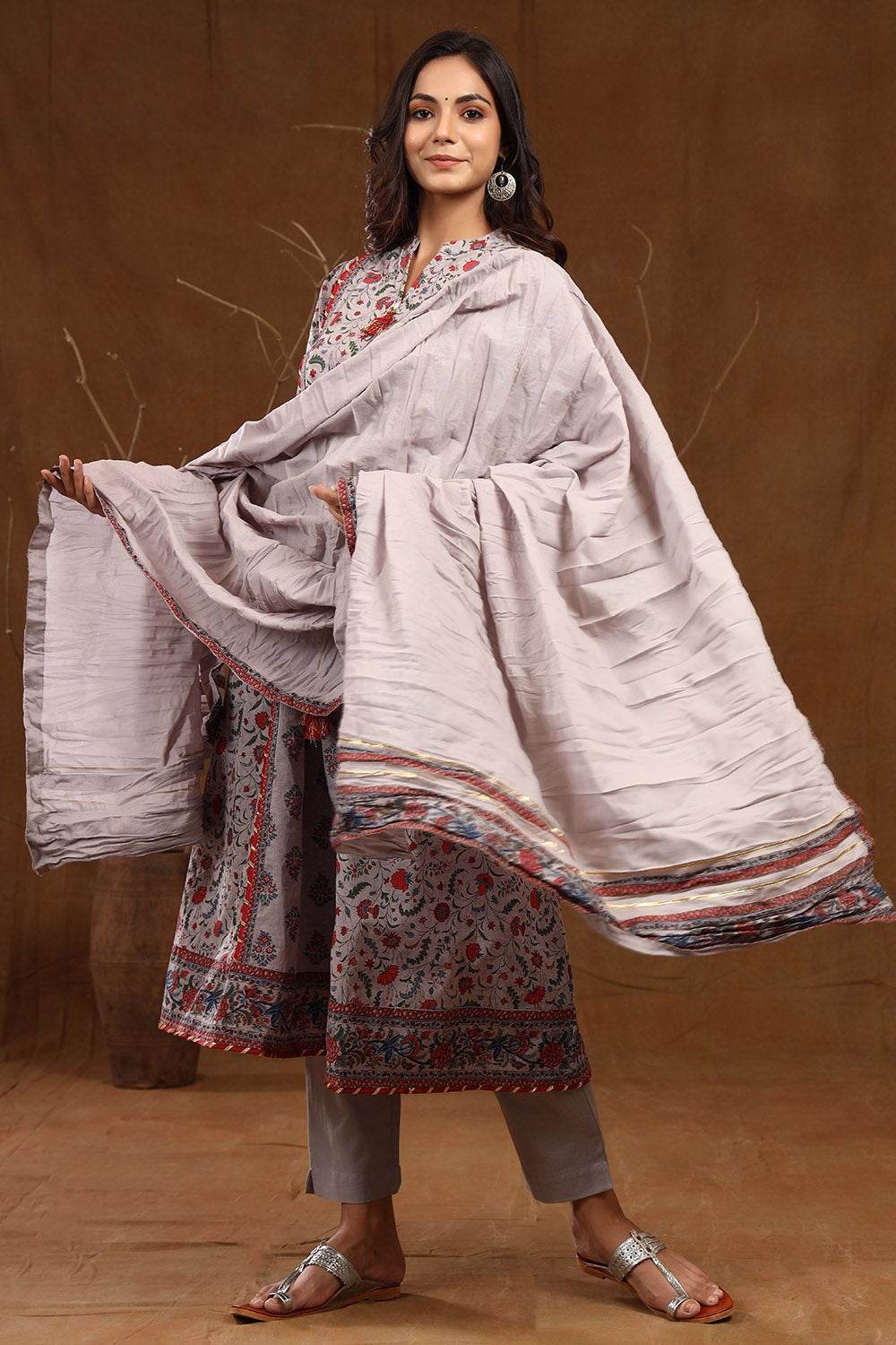 Juniper Grey Floral Printed Pure Cotton Kurta Pants & Dupatta Set With Tassels & Lace