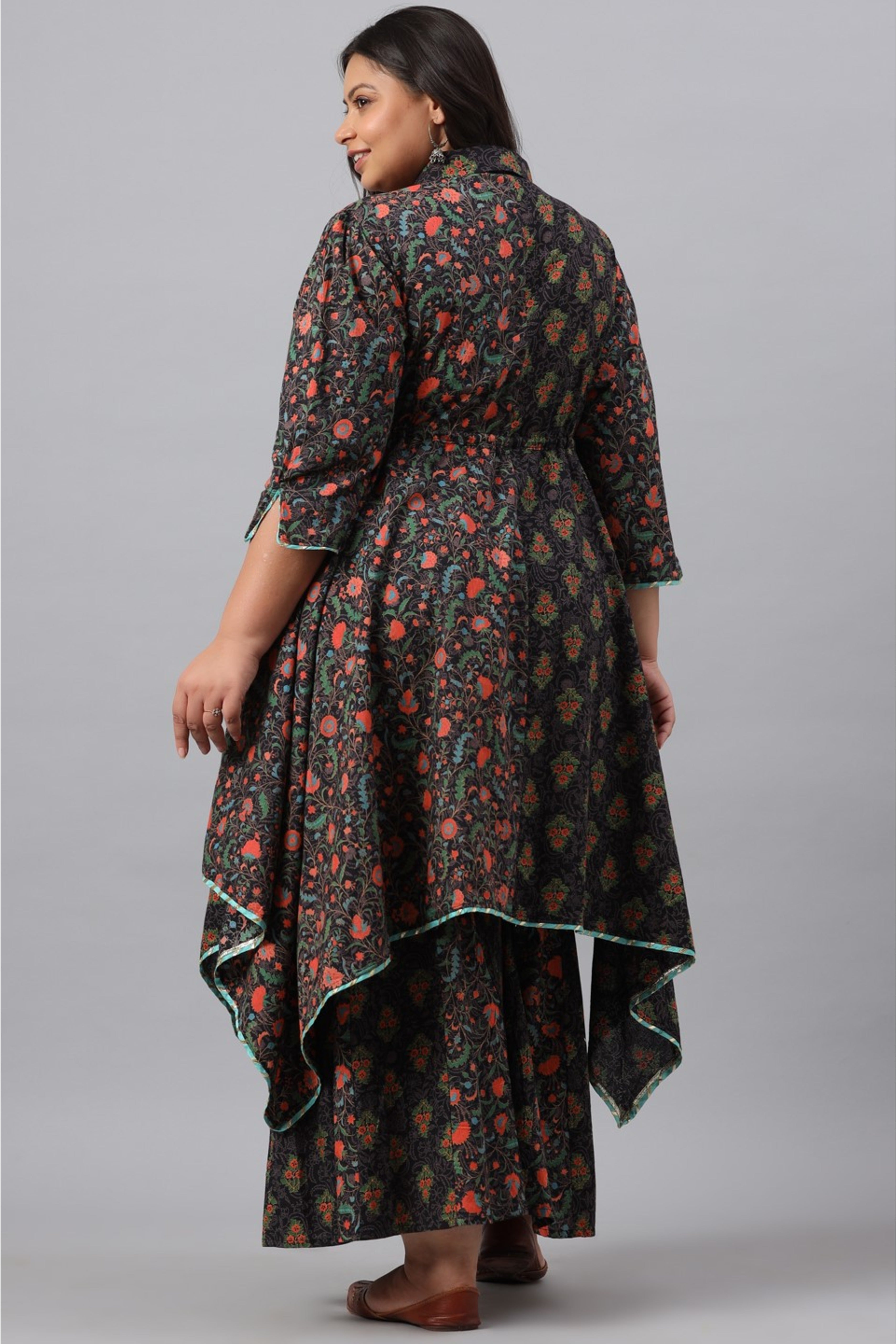 Juniper Women`s Black Cambric Festive Wear Printed Asymmetric Clothing Set