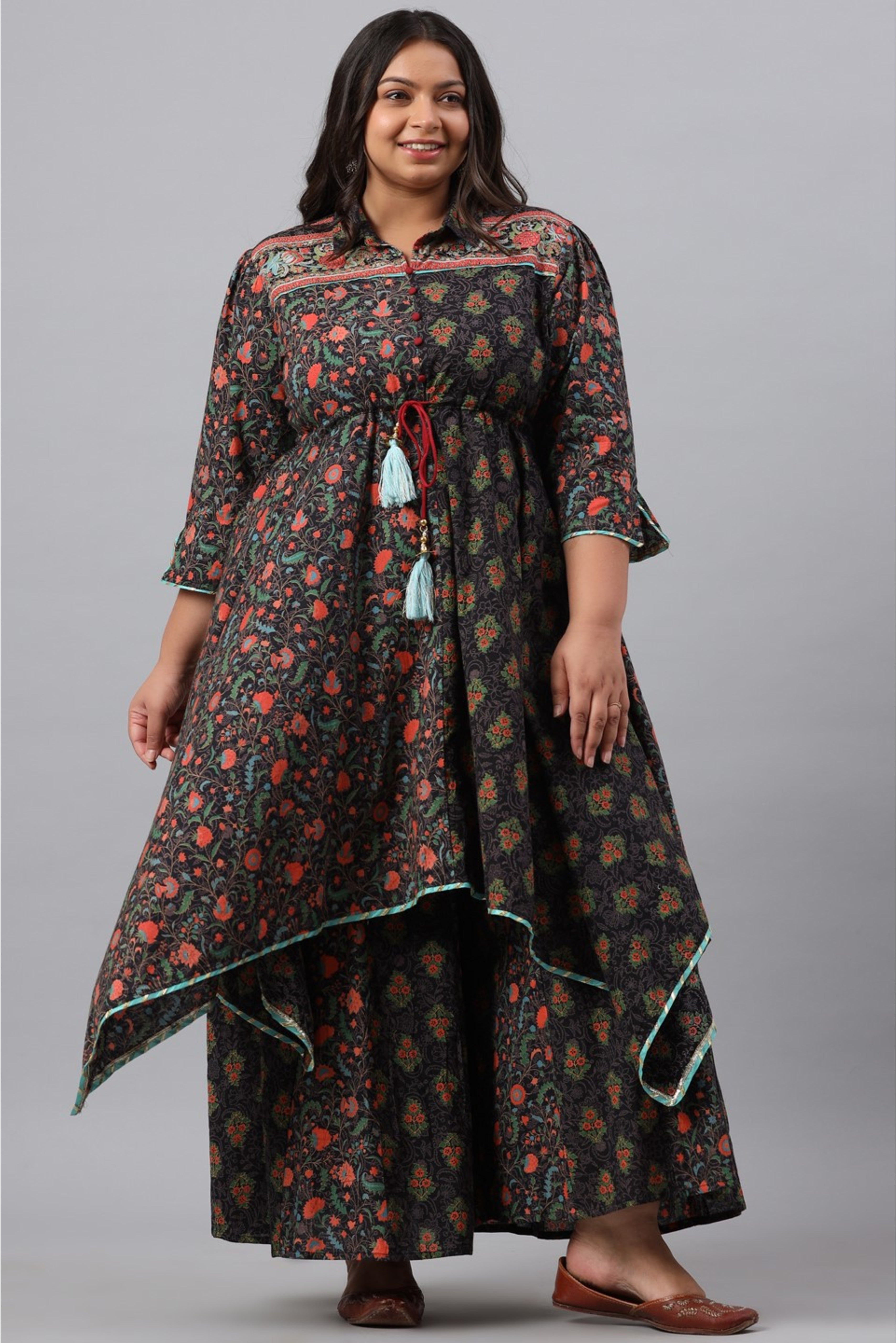Juniper Women`s Black Cambric Festive Wear Printed Asymmetric Clothing Set