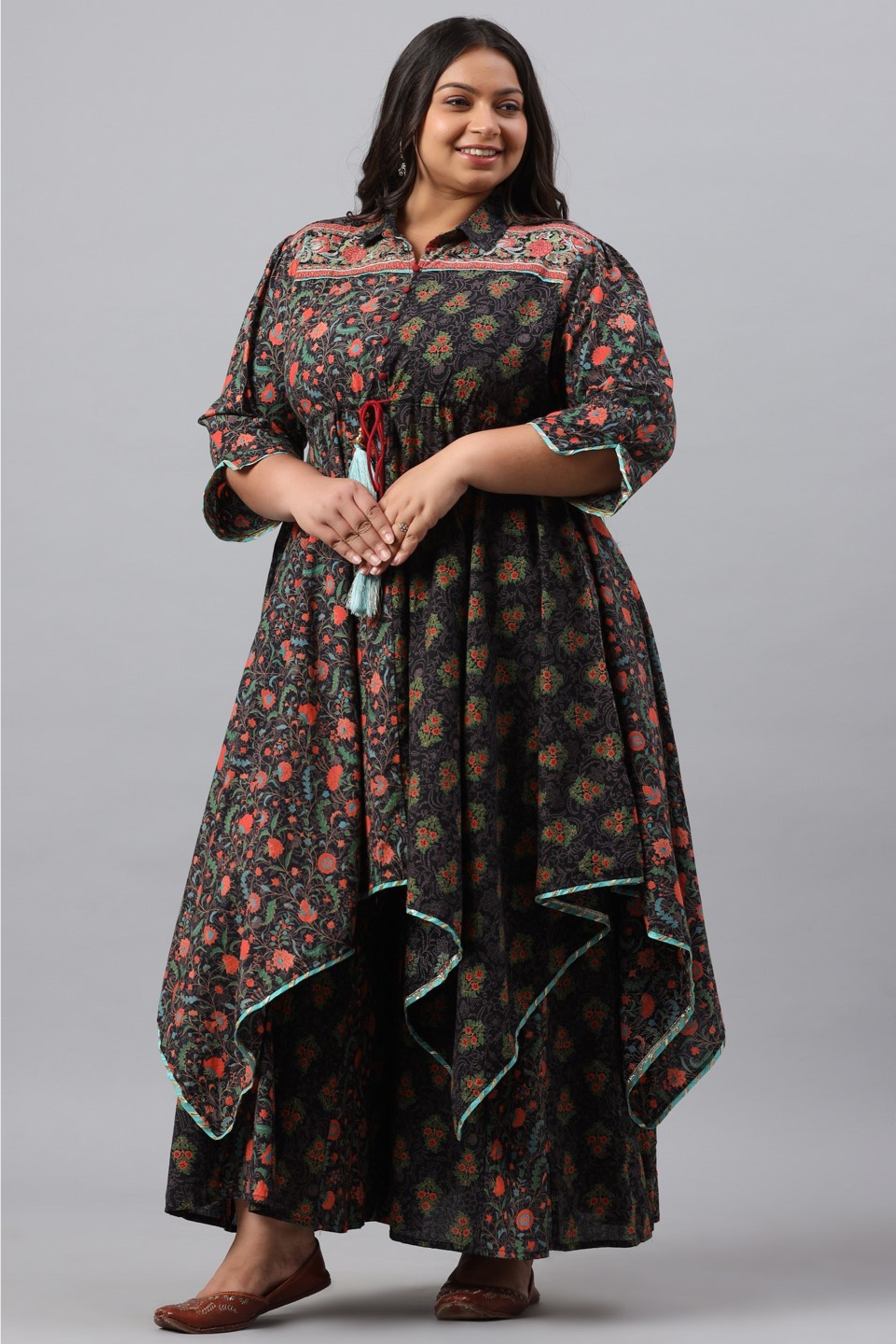 Juniper Women`s Black Cambric Festive Wear Printed Asymmetric Clothing Set