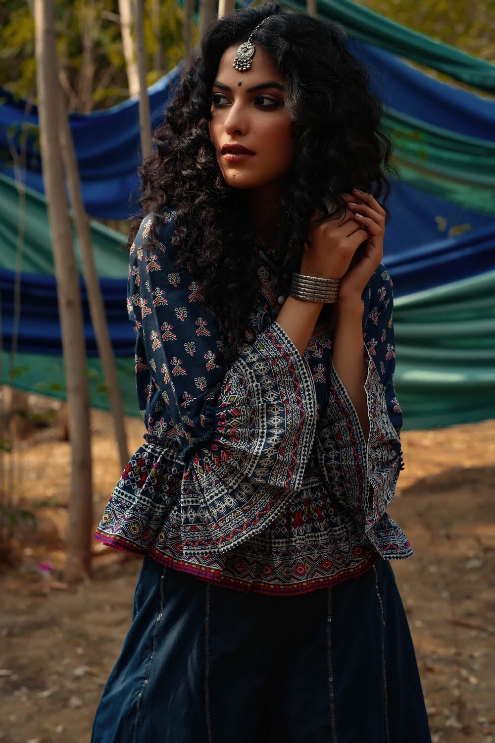 Juniper Indigo Cambric Floral Print Crop-Top Palazzo Set With Rubber-Band