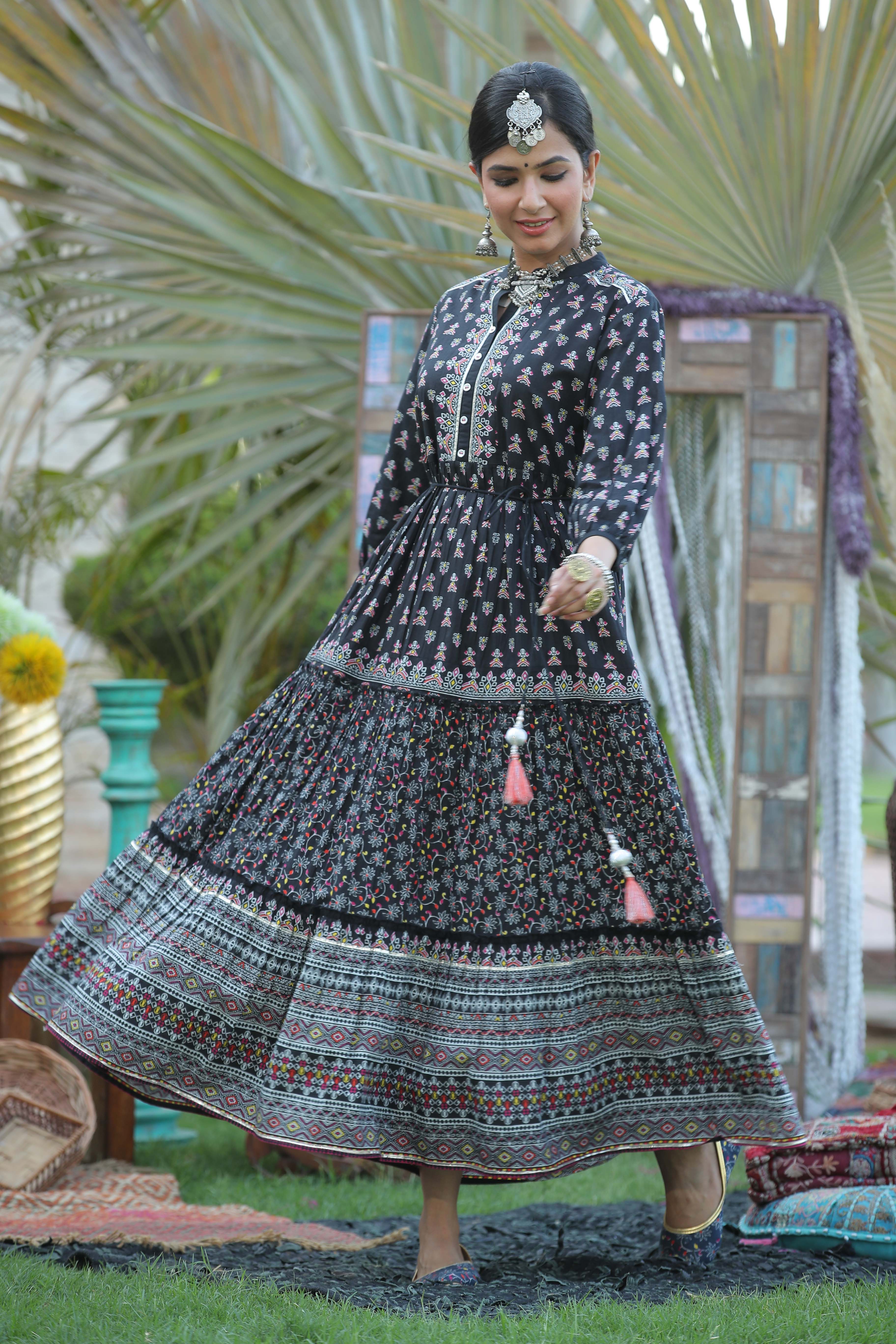 Juniper Black Ethnic Motif Printed Pure Cotton Tiered Maxi Dress.