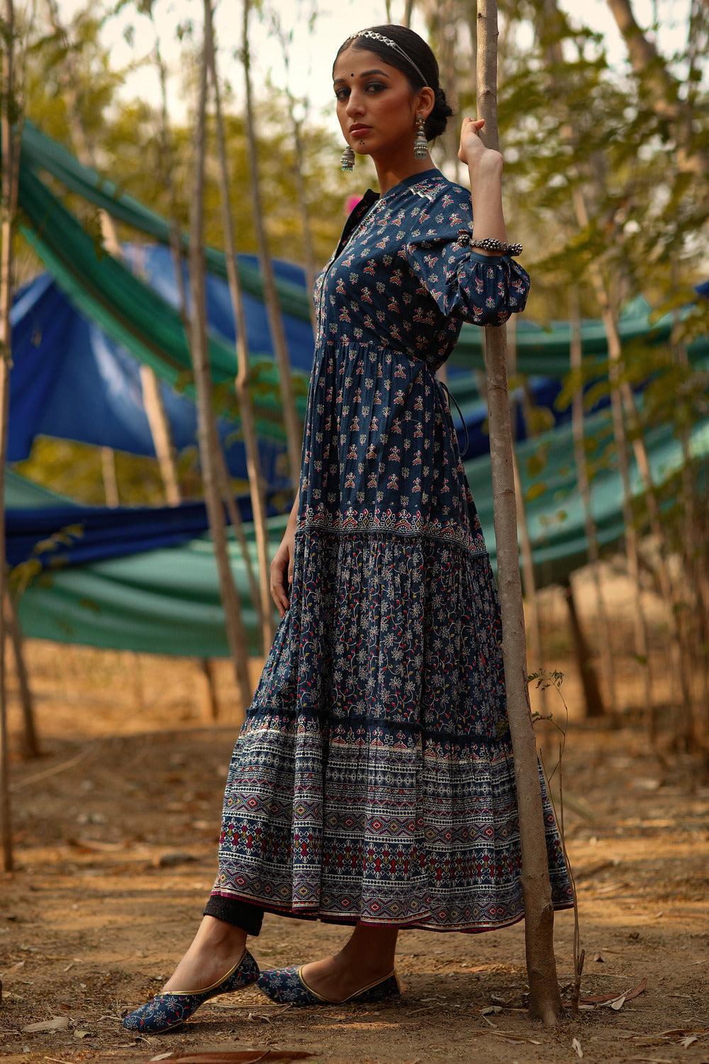 Juniper Women's Indigo Cotton Cambric Printed Tiered Maxi Dress