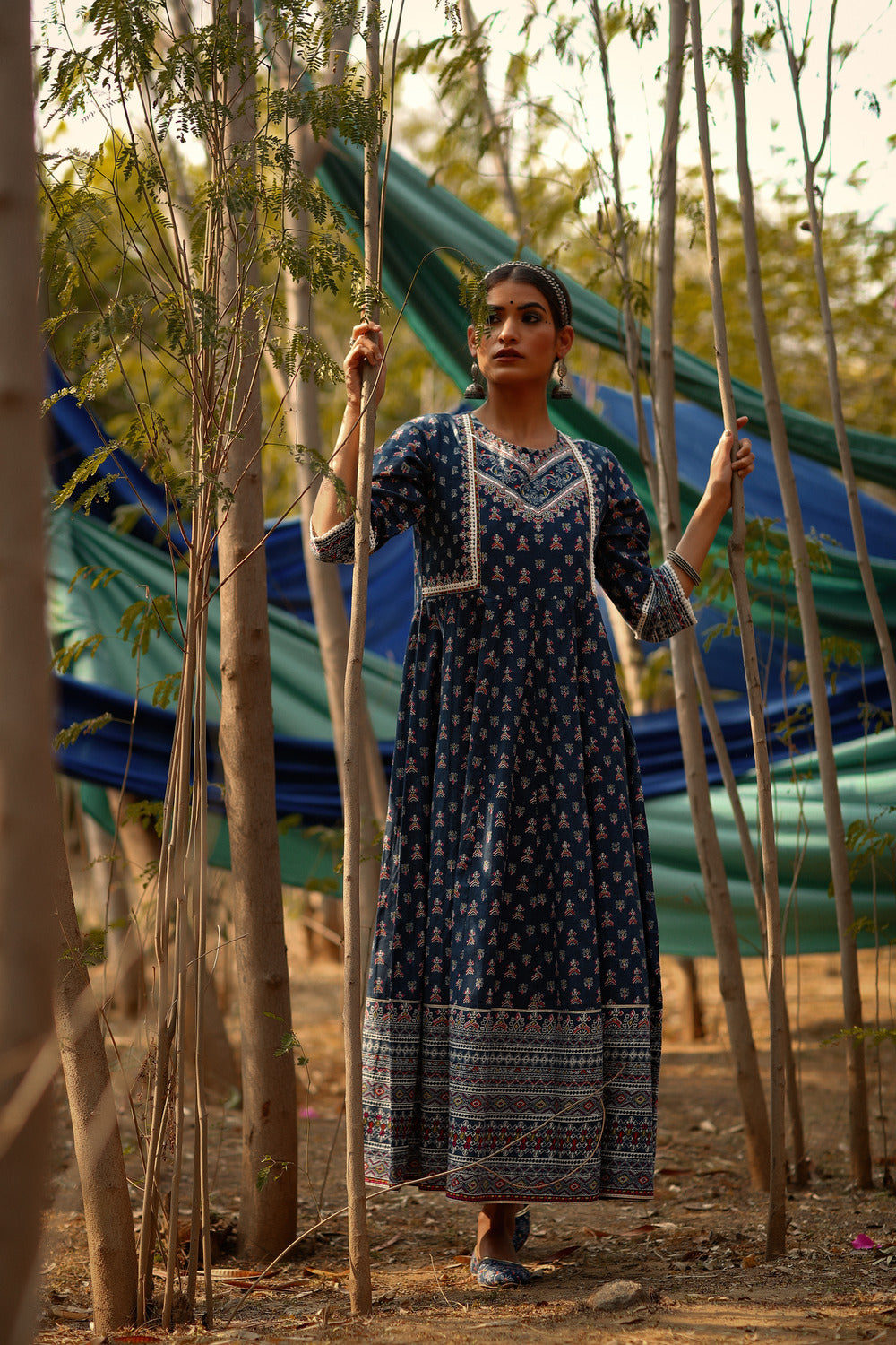 Juniper Indigo Ethnic Motif Printed Pure Cotton Anarkali Dress.