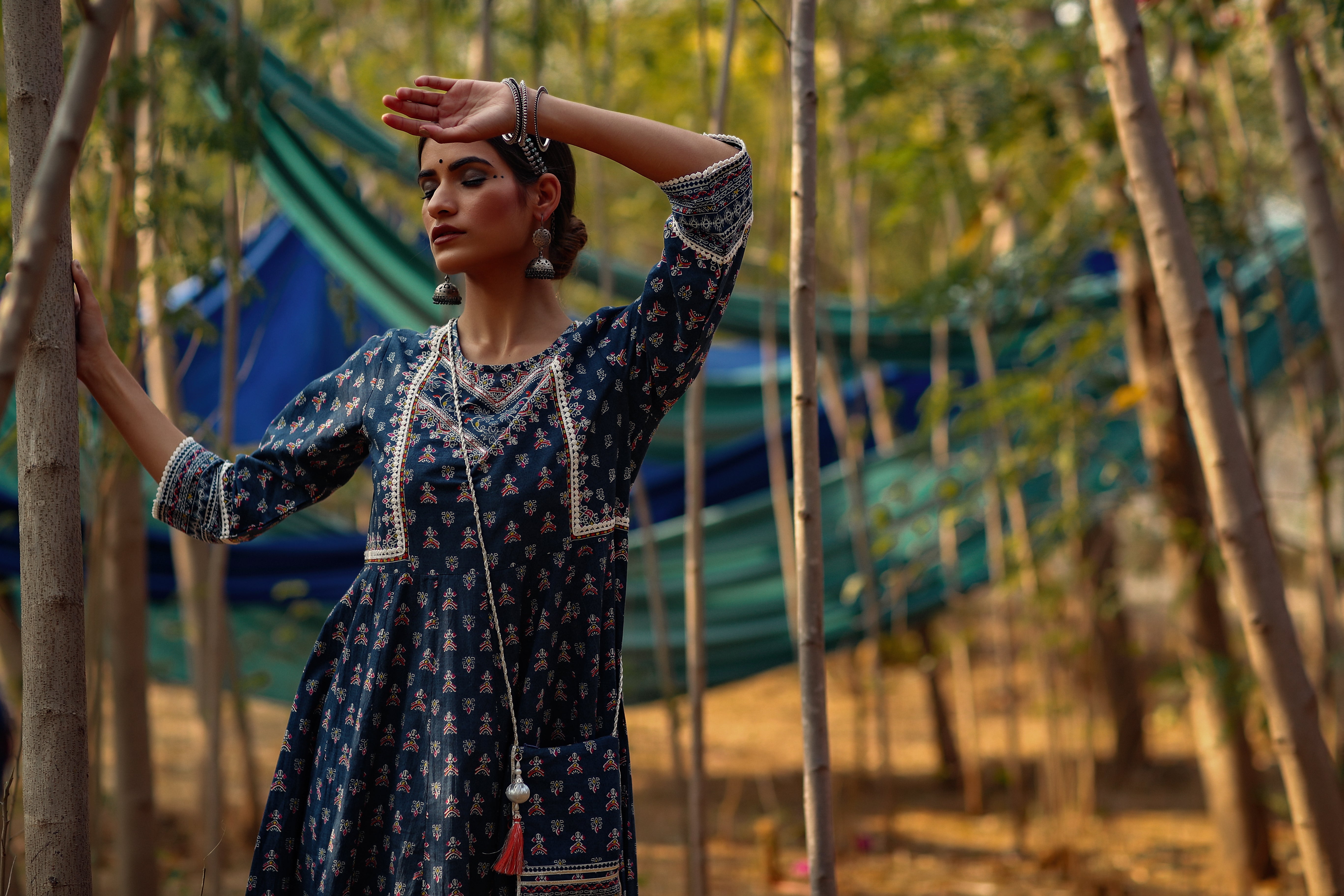 Juniper Women's Indigo Cotton Cambric Printed Anarkali Dress