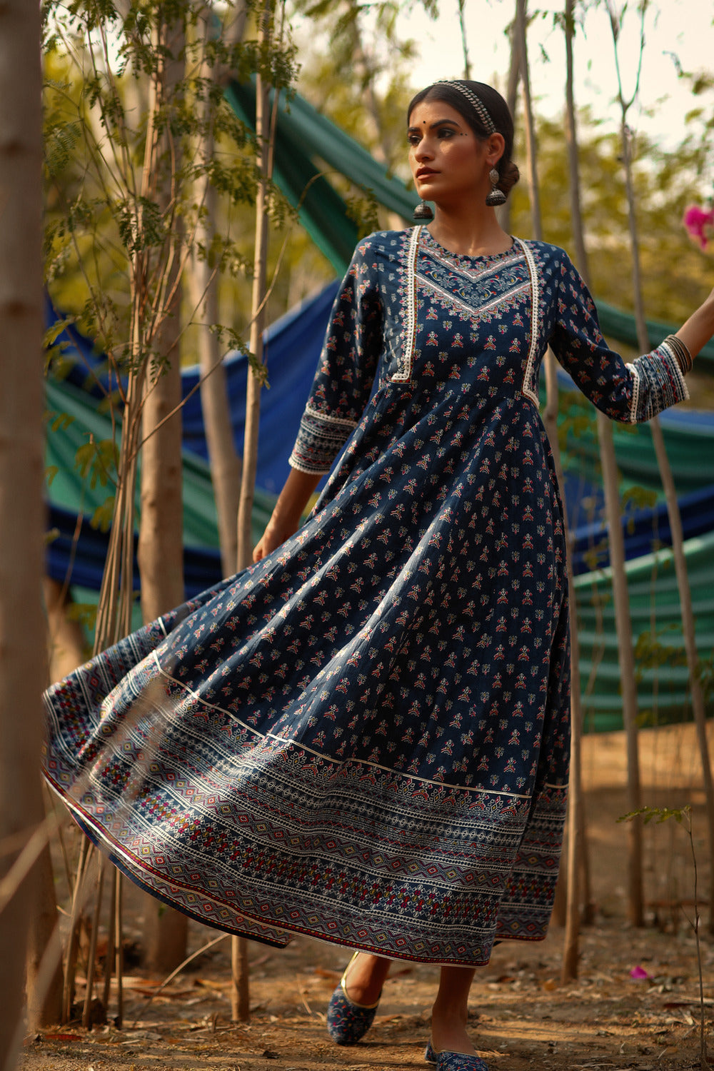 Juniper Women's Indigo Cotton Cambric Printed Anarkali Dress