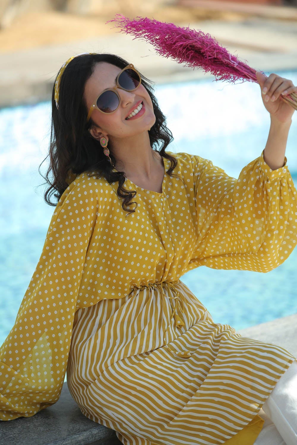 Juniper Mustard Stripes Printed  Georgette High-Low Tunic & Inner With Drawstring At Waist