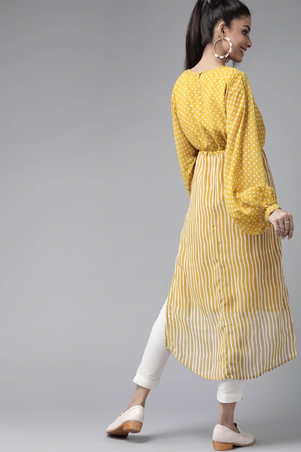 Juniper Mustard Stripes Printed  Georgette High-Low Tunic & Inner With Drawstring At Waist