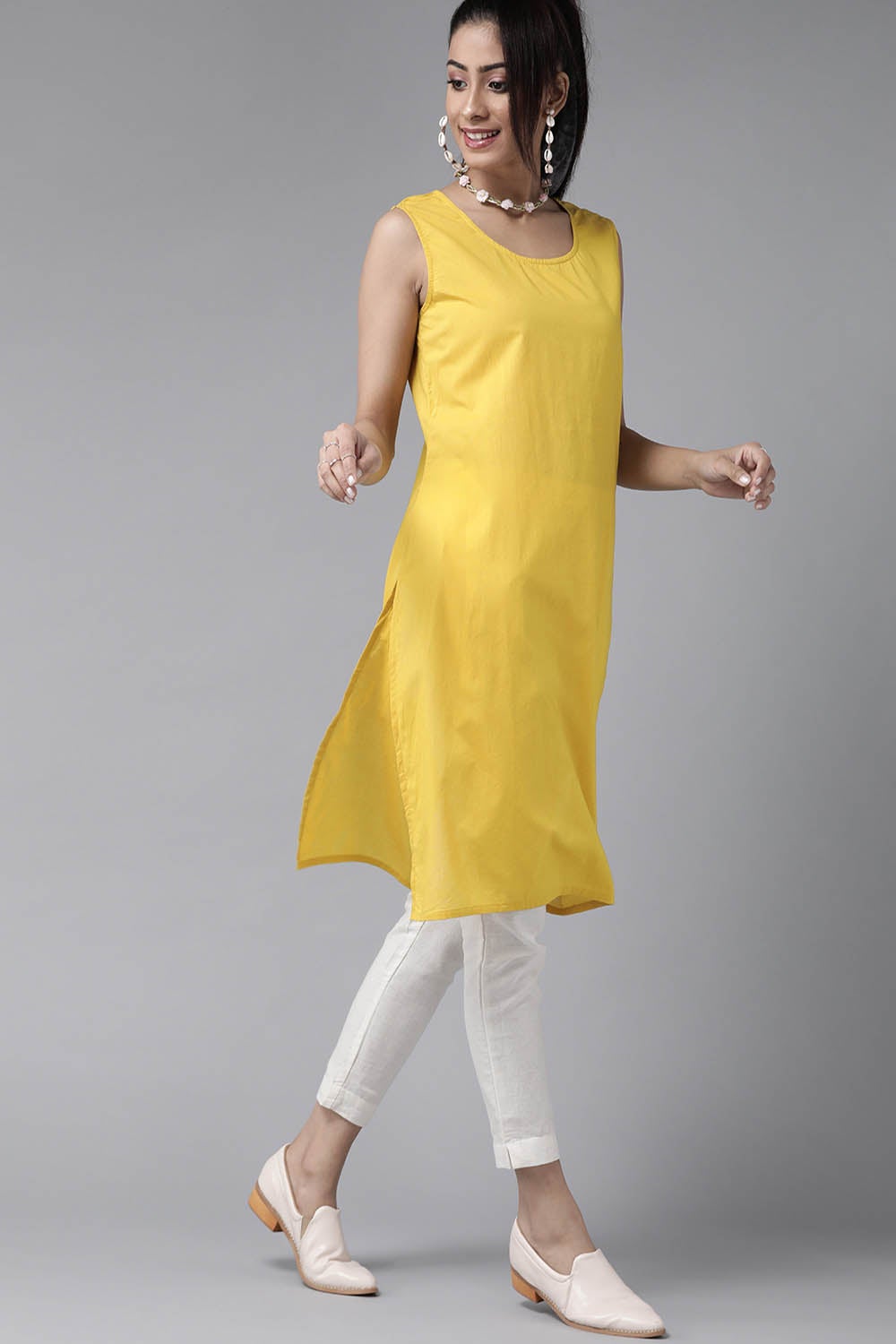 Juniper Mustard Stripes Printed  Georgette High-Low Tunic & Inner With Drawstring At Waist