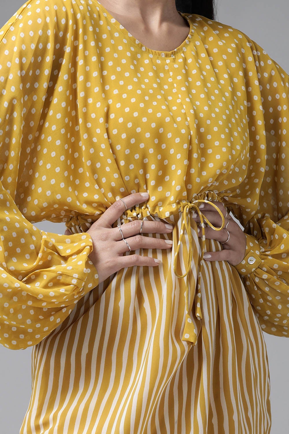 Juniper Mustard Stripes Printed  Georgette High-Low Tunic & Inner With Drawstring At Waist