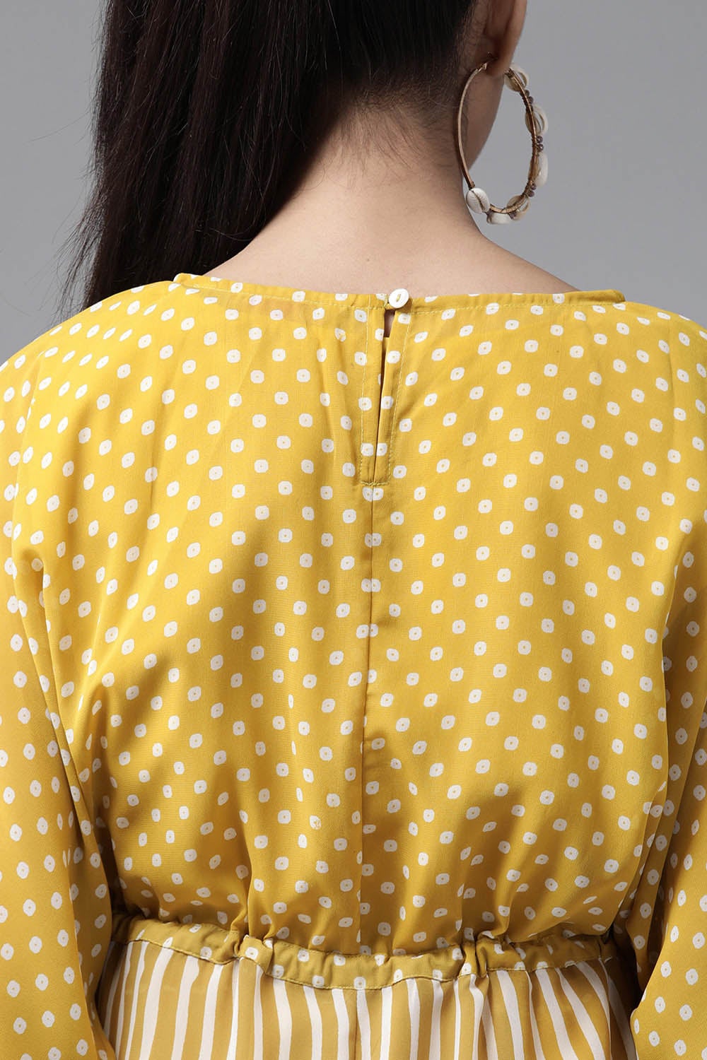 Juniper Mustard Stripes Printed  Georgette High-Low Tunic & Inner With Drawstring At Waist