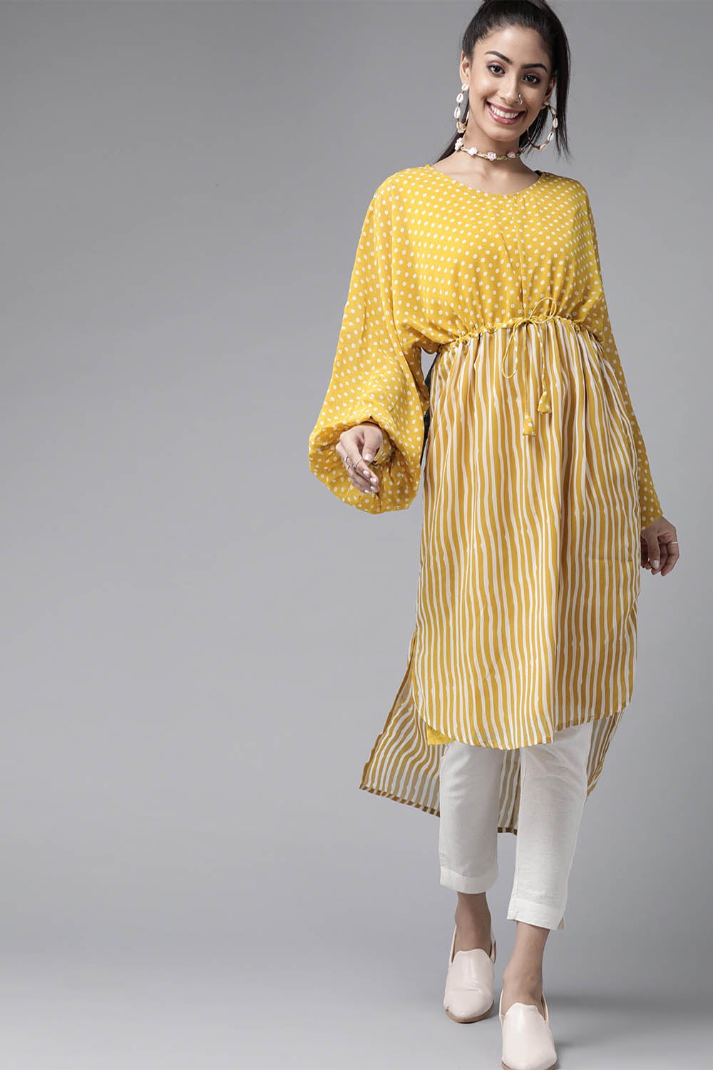 Juniper Mustard Stripes Printed  Georgette High-Low Tunic & Inner With Drawstring At Waist