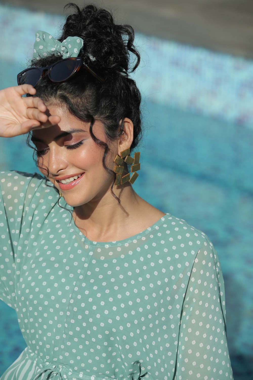 Juniper Sage Green Stripes Printed  Georgette High-Low Tunic & Inner With Drawstring At Waist