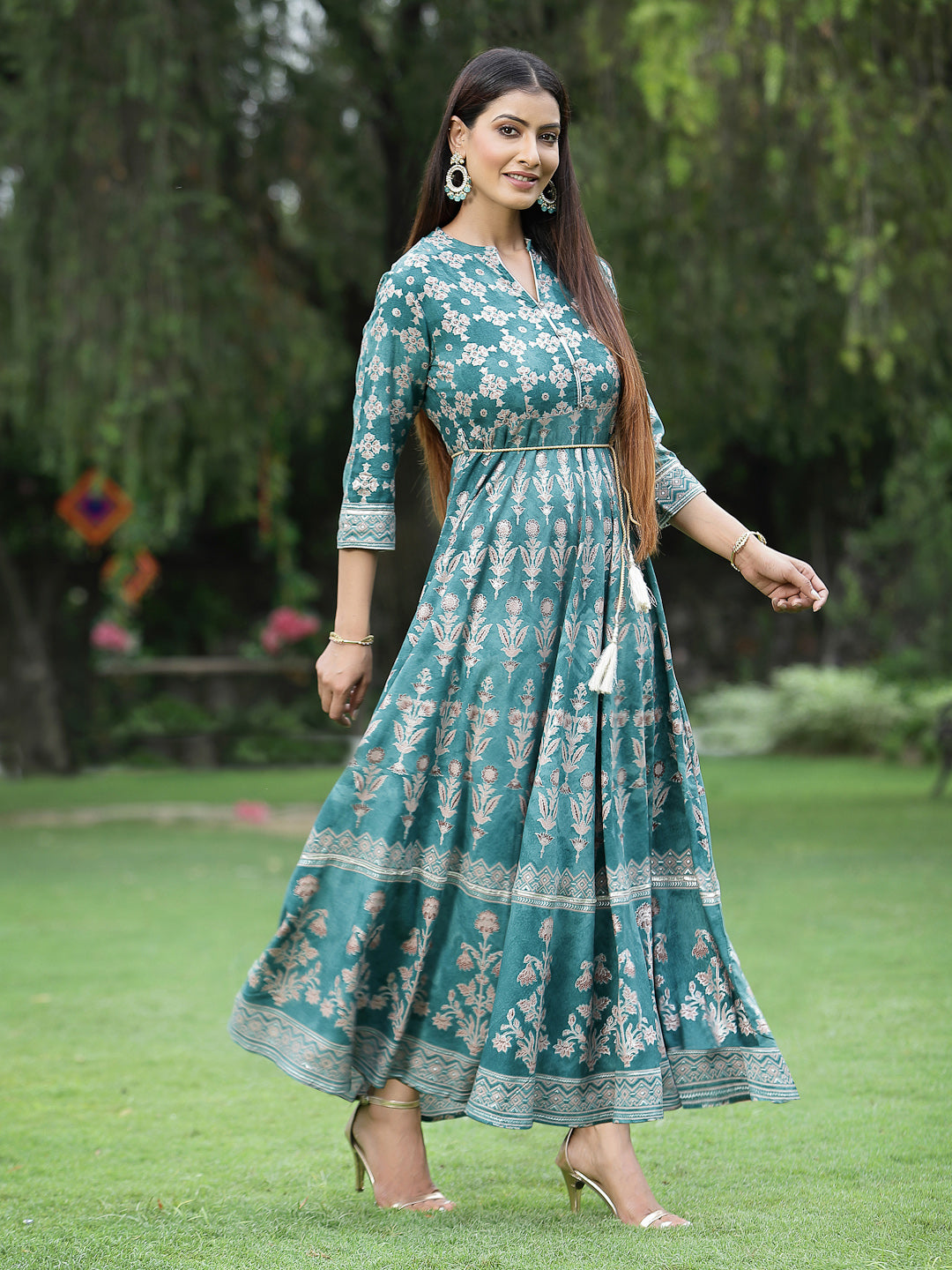 Juniper Women's Teal LIVA Rayon Printed Flared Dress with Waist Tie-up