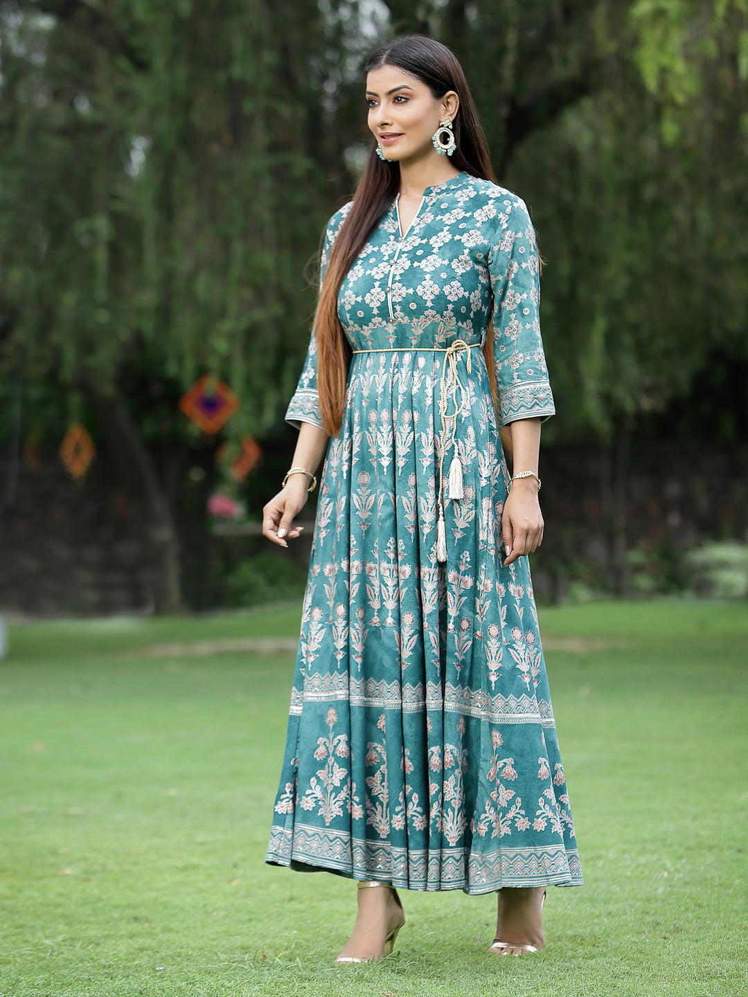 Juniper Women's Teal LIVA Rayon Printed Flared Dress with Waist Tie-up