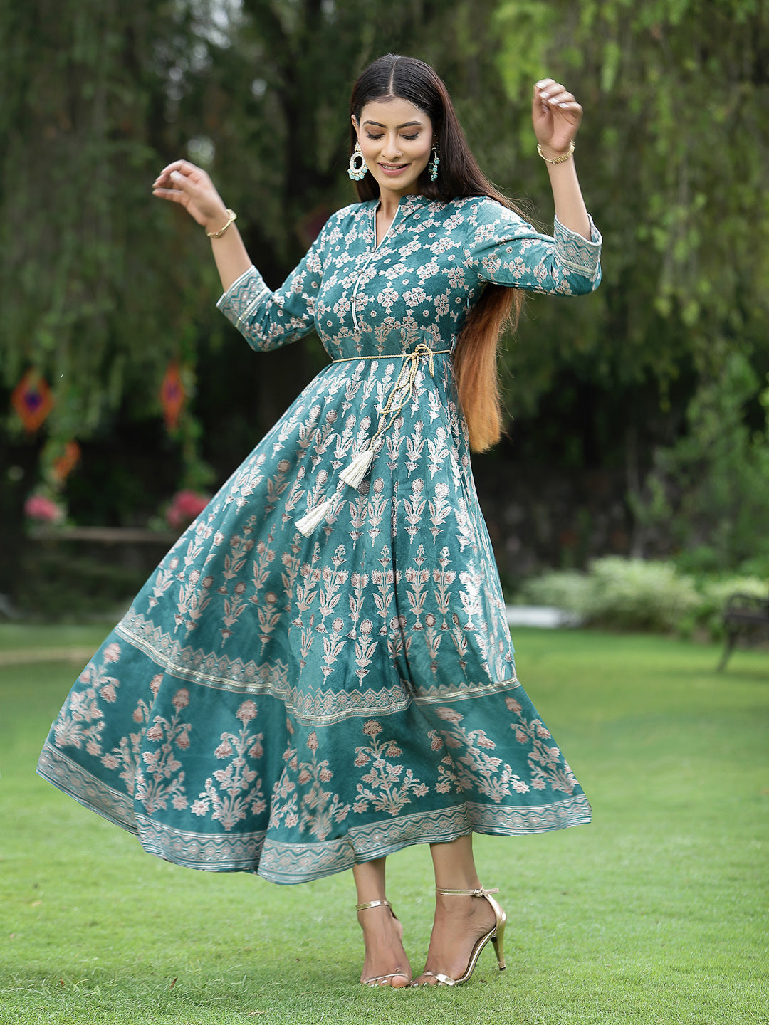 Juniper Women's Teal LIVA Rayon Printed Flared Dress with Waist Tie-up