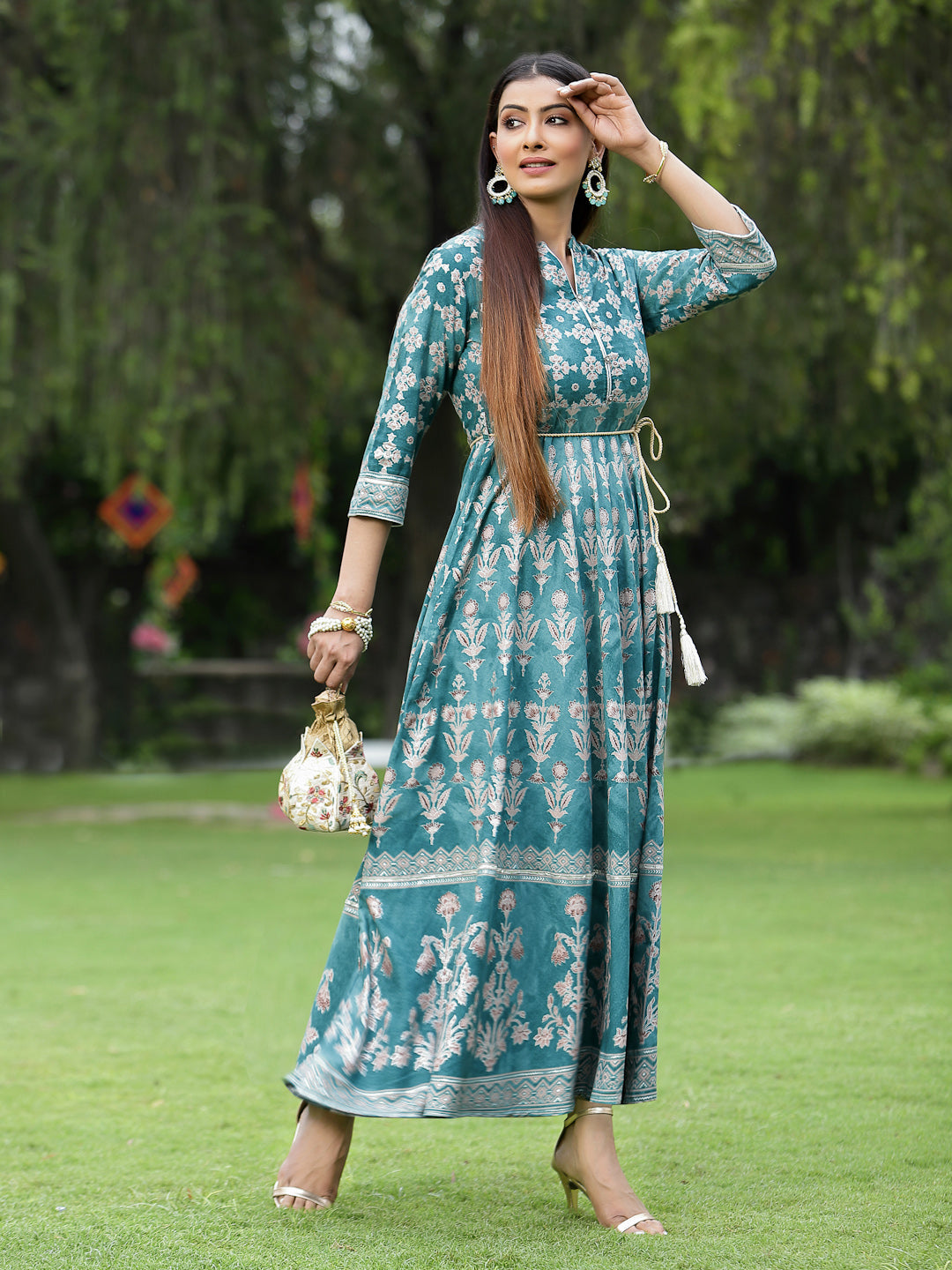 Juniper Women's Teal LIVA Rayon Printed Flared Dress with Waist Tie-up