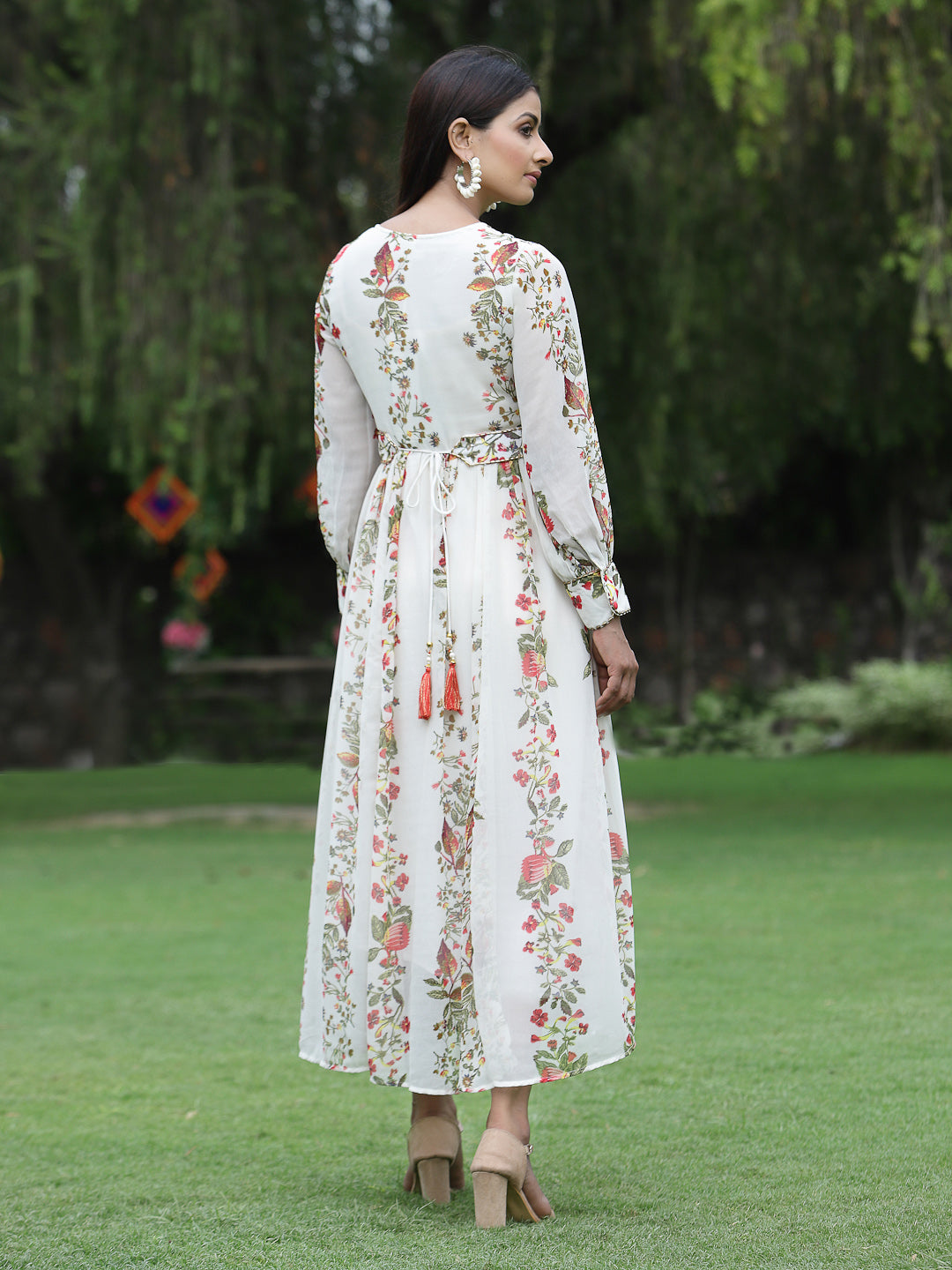Juniper Off-White Floral Printed Chiffon Flared Maxi Dress.