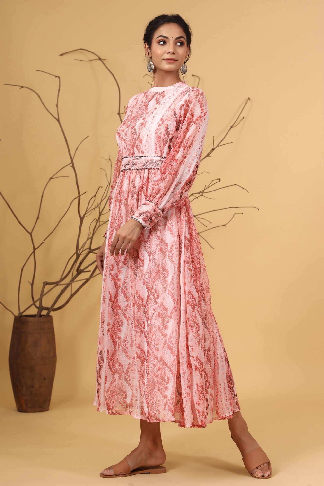 Juniper Women's Peach Chiffon Printed Flared Maxi Dress