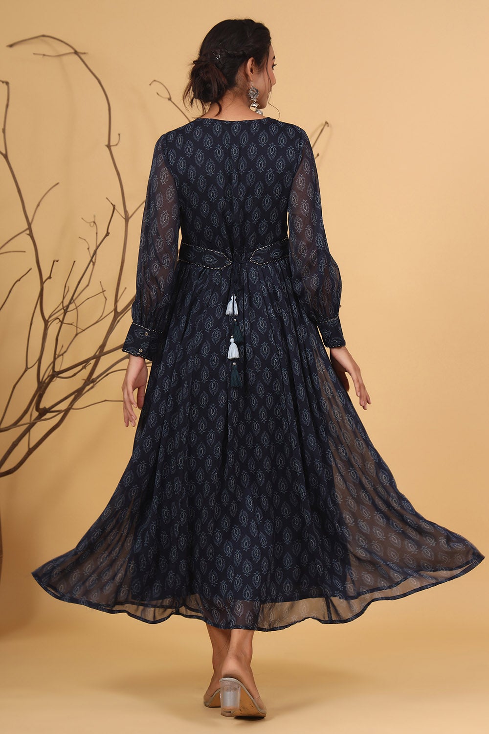 Juniper Navy Chiffon  Flared Printed Dress With Tie-up Blet