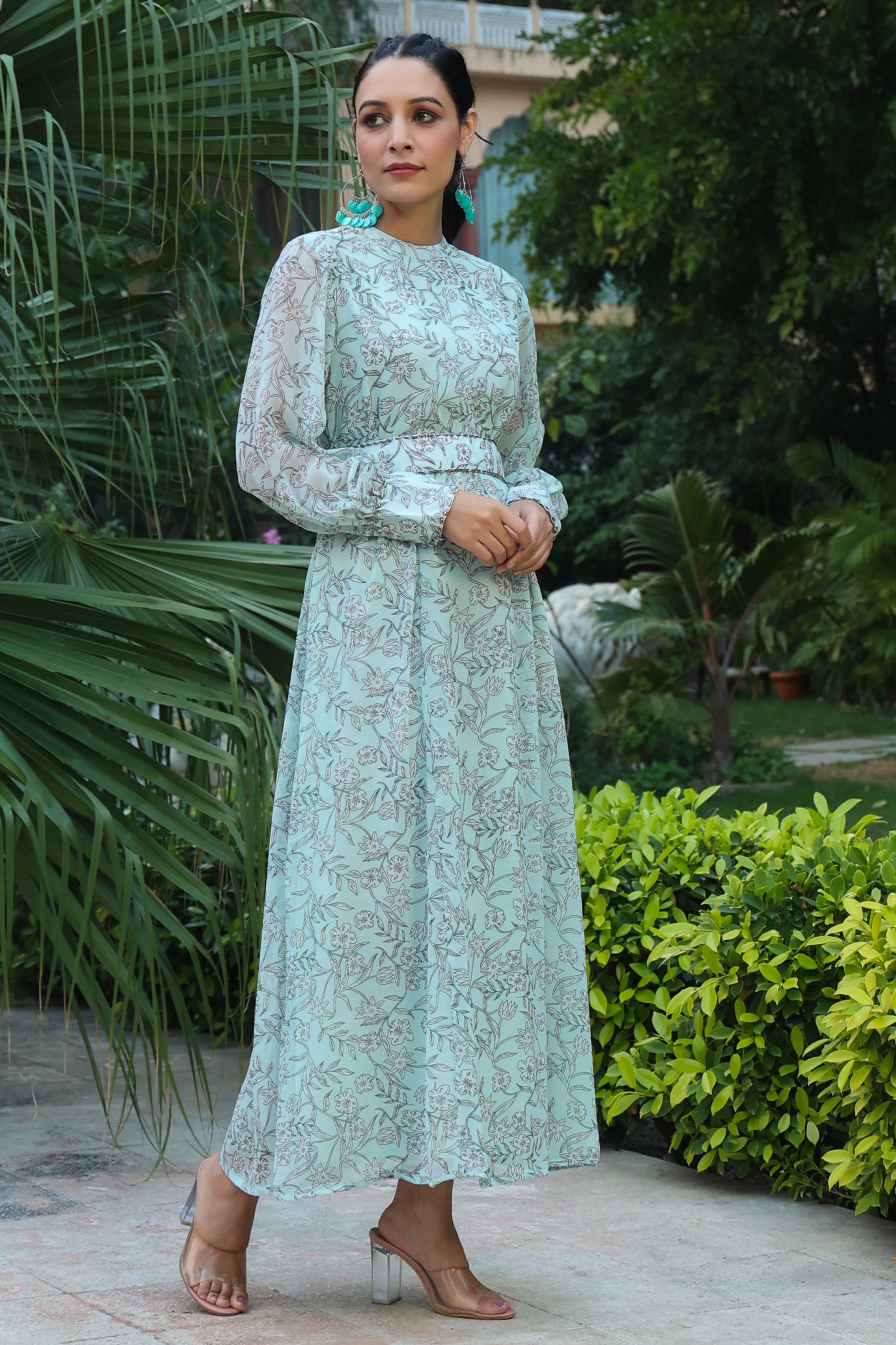 Juniper Sage Green Floral Printed Chiffon Flared Maxi Dress With Buttons