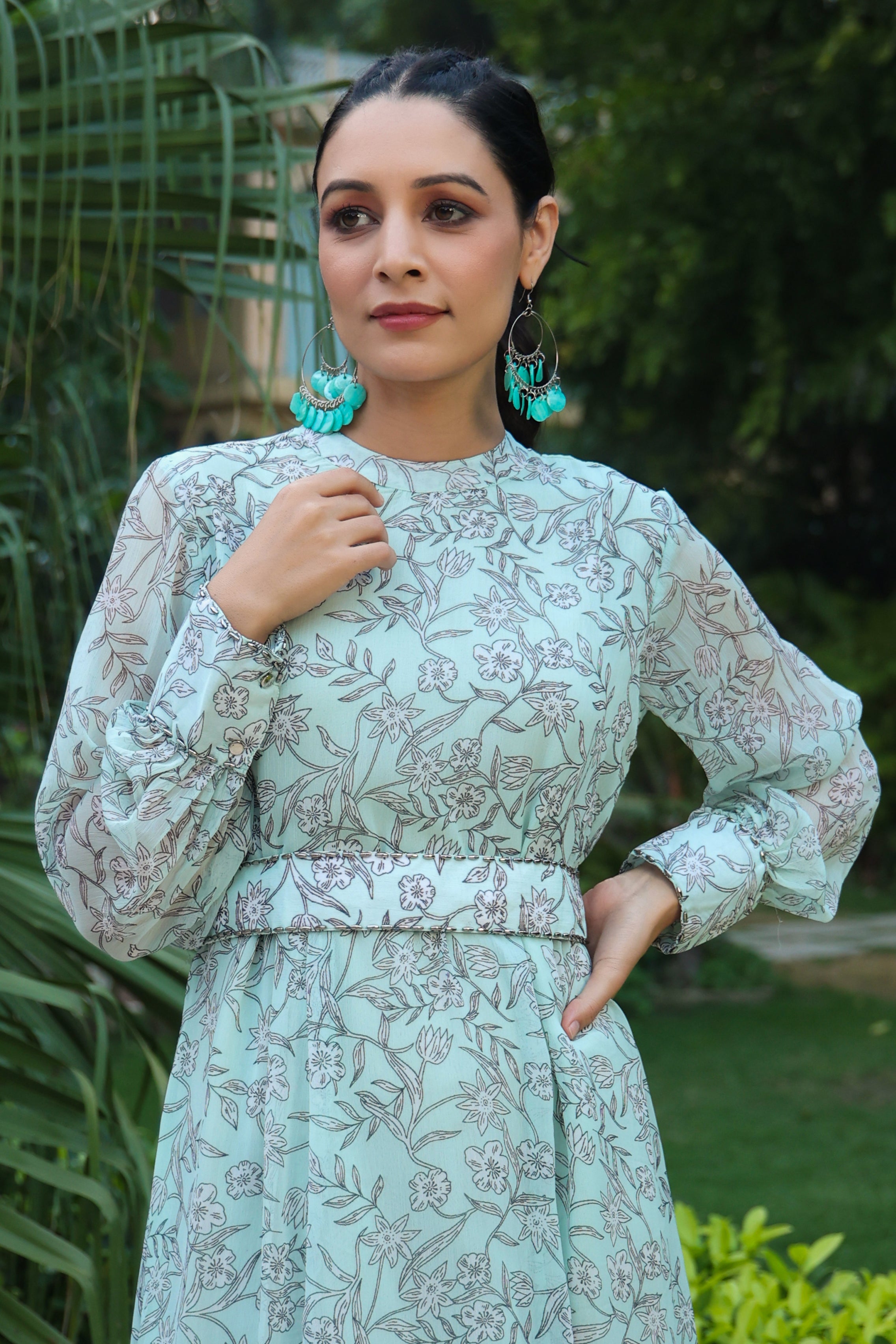 Juniper Sage Green Floral Printed Chiffon Flared Maxi Dress With Buttons