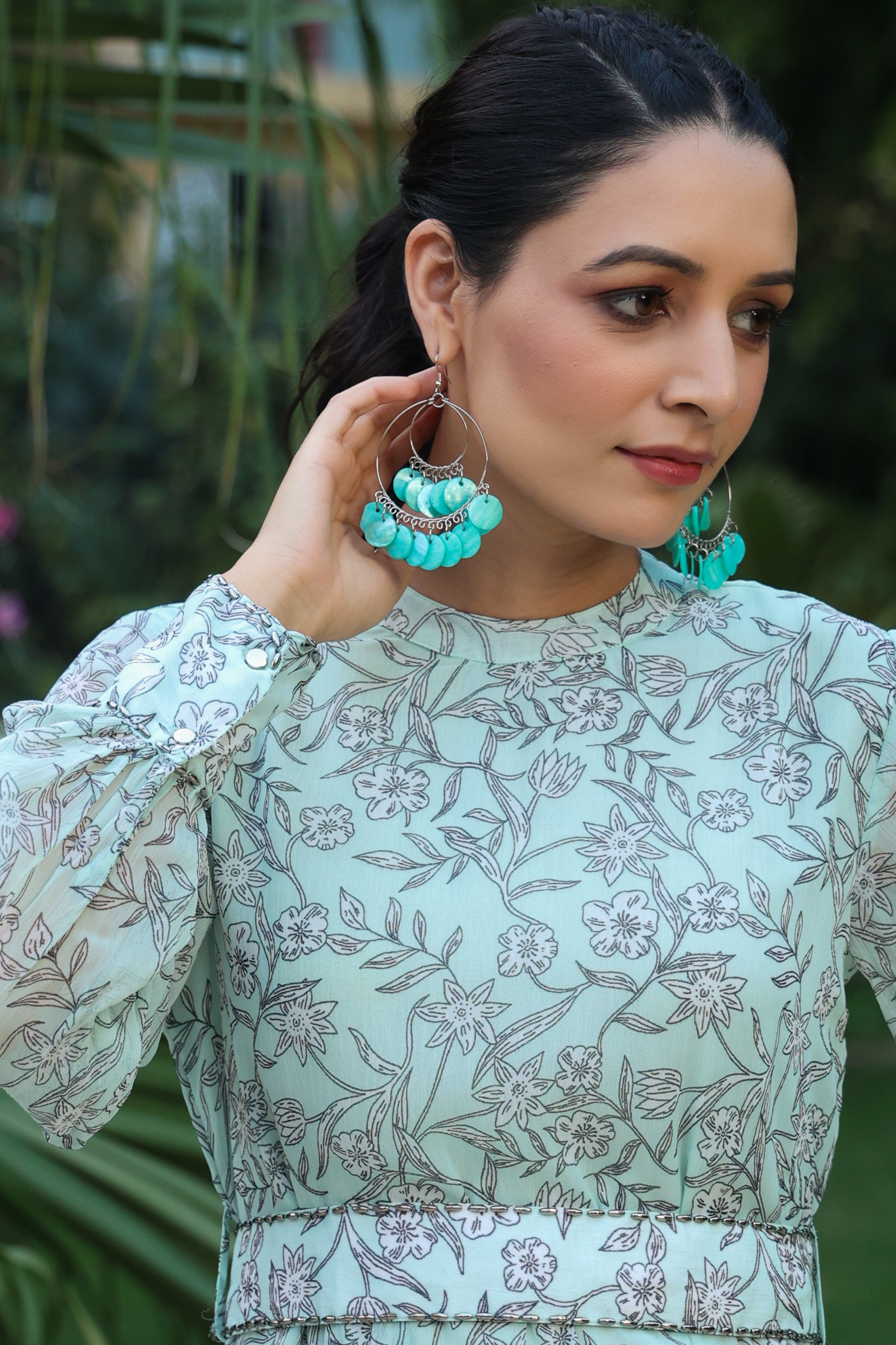 Juniper Sage Green Floral Printed Chiffon Flared Maxi Dress With Buttons