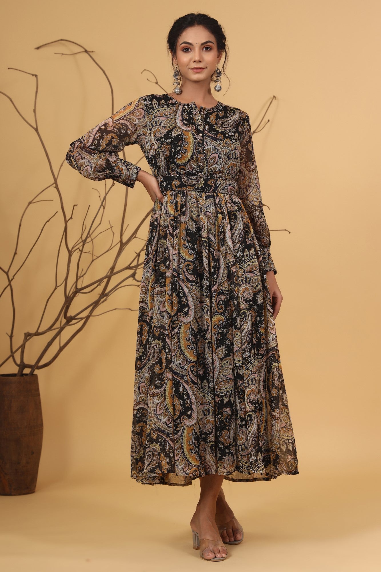 Juniper Women's Black Chiffon Printed Flared Maxi Dress