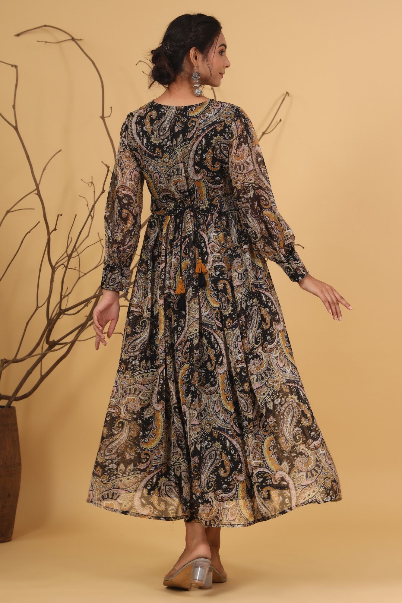 Juniper Women's Black Chiffon Printed Flared Maxi Dress