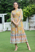 Juniper Mustard Geometric Printed Chiffon Tiered Maxi Dress With Buttons.