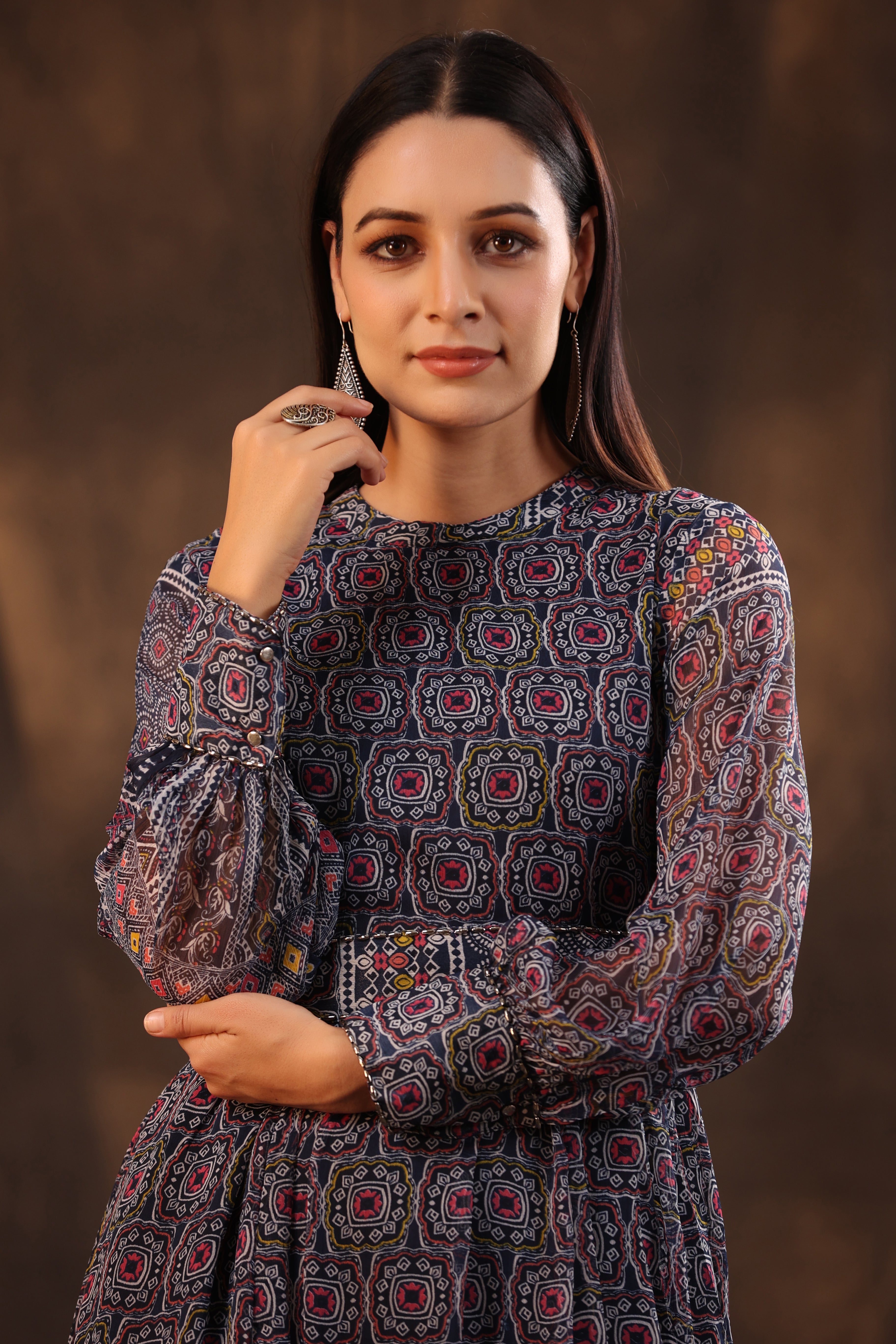 Navy Blue Geometric Printed Chiffon Maxi Dress with Buttons