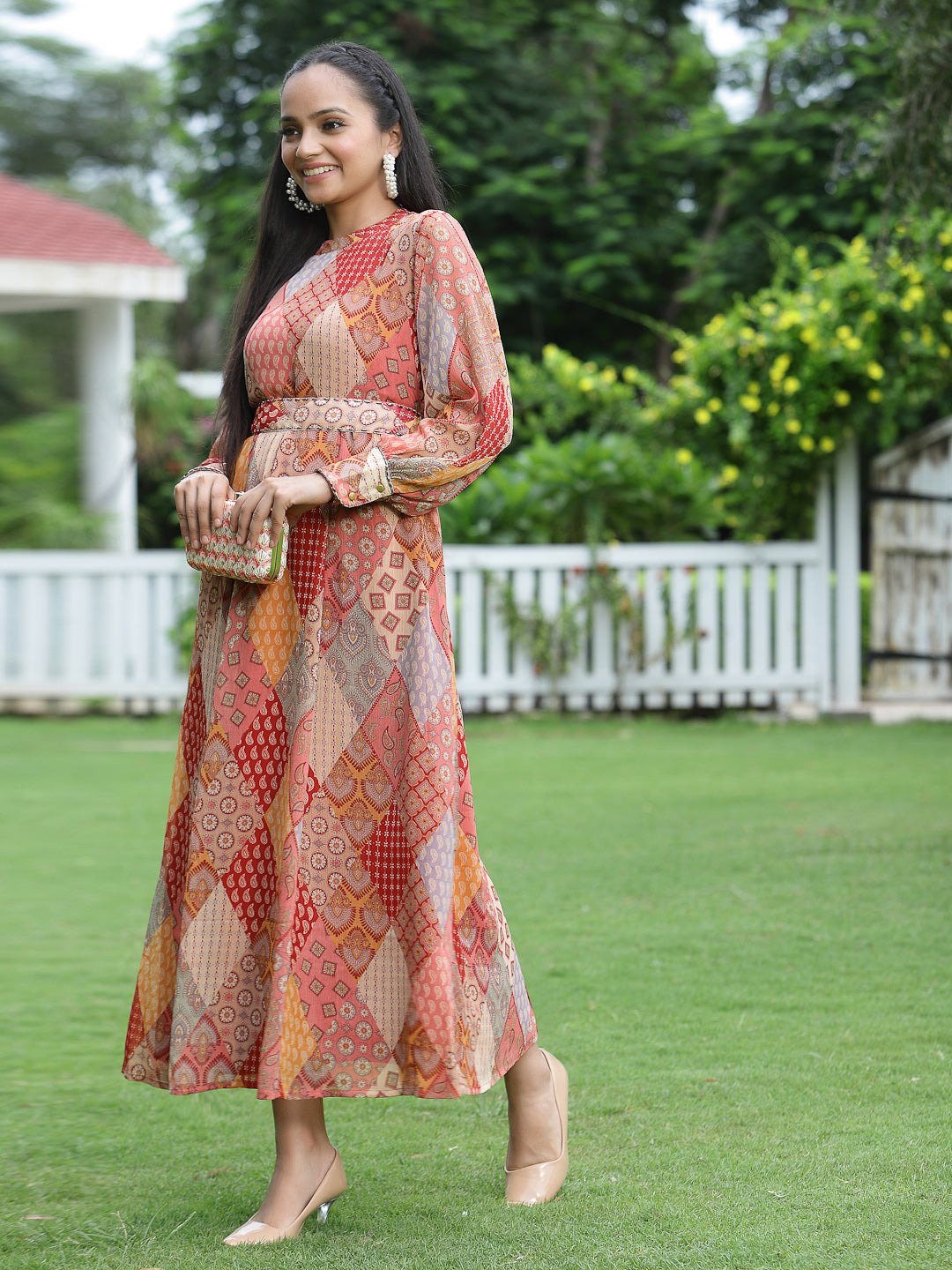 Juniper Peach Geometric Printed Chiffon Maxi Dress with Sequins Work