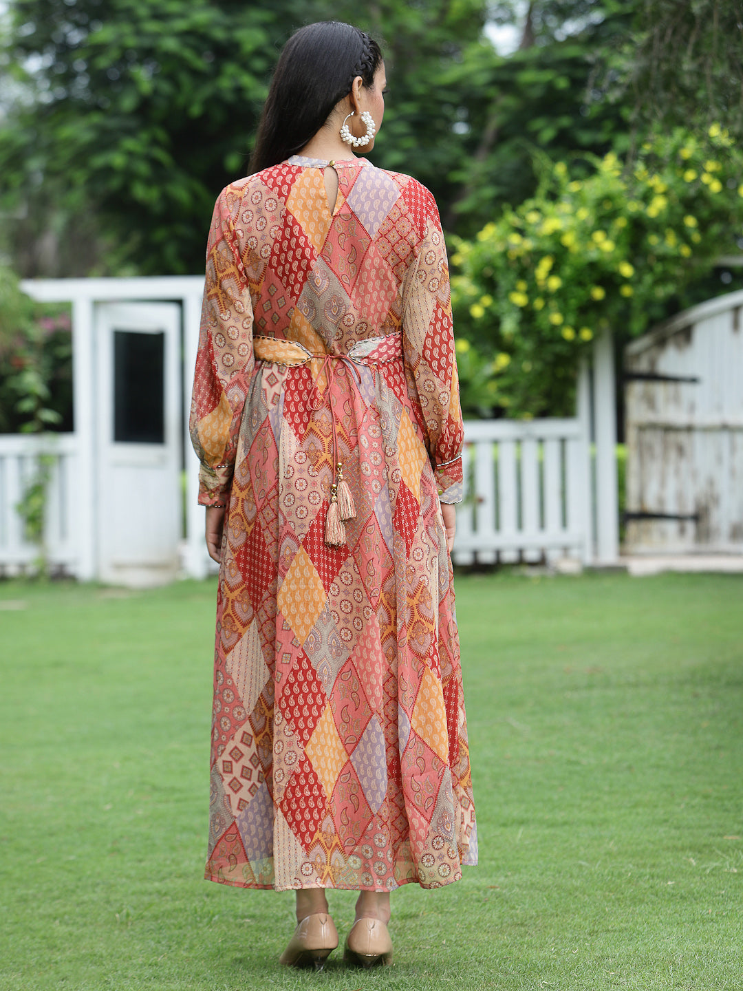 Juniper Peach Geometric Printed Chiffon Maxi Dress with Sequins Work