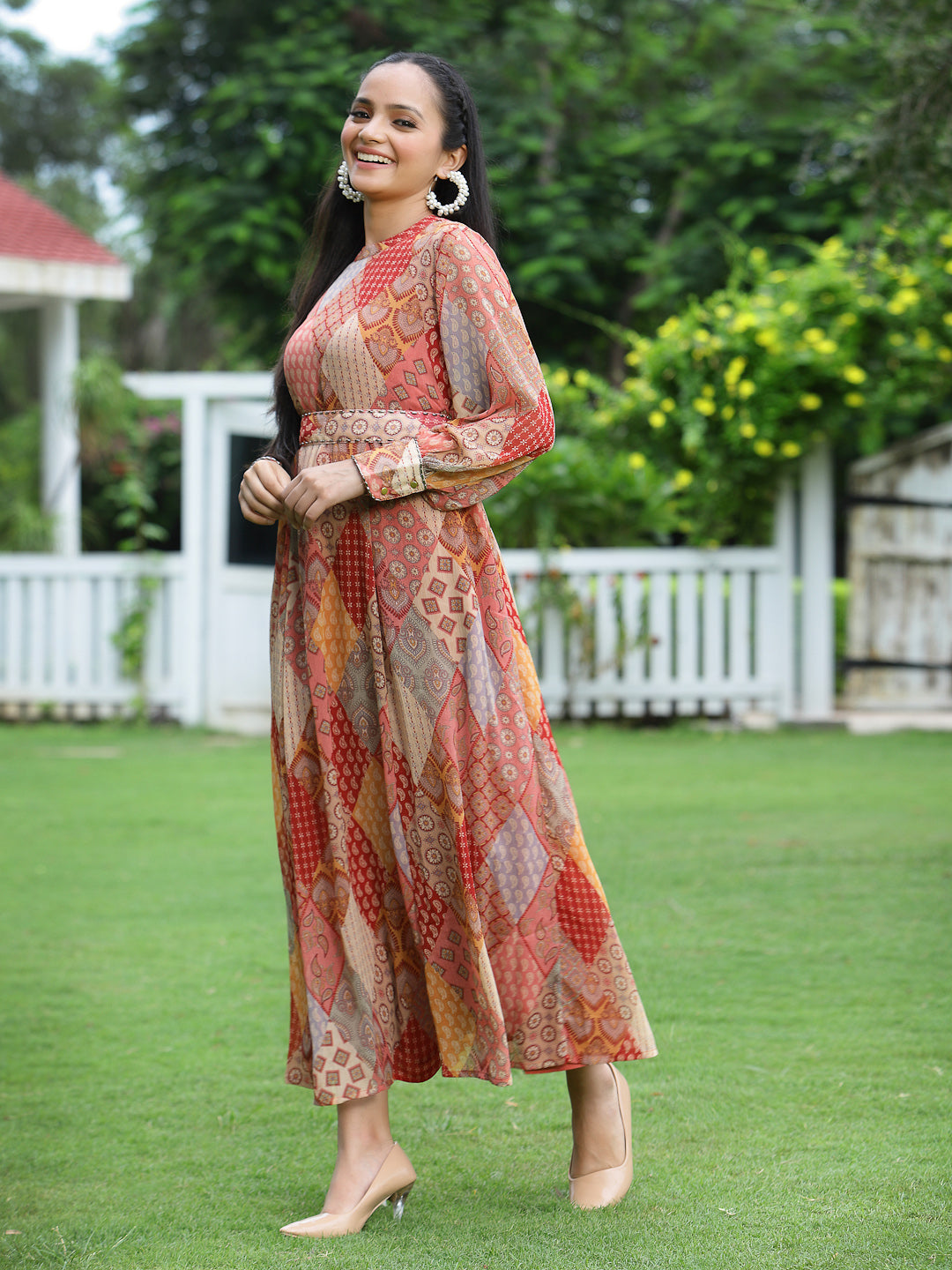 Juniper Peach Geometric Printed Chiffon Maxi Dress with Sequins Work