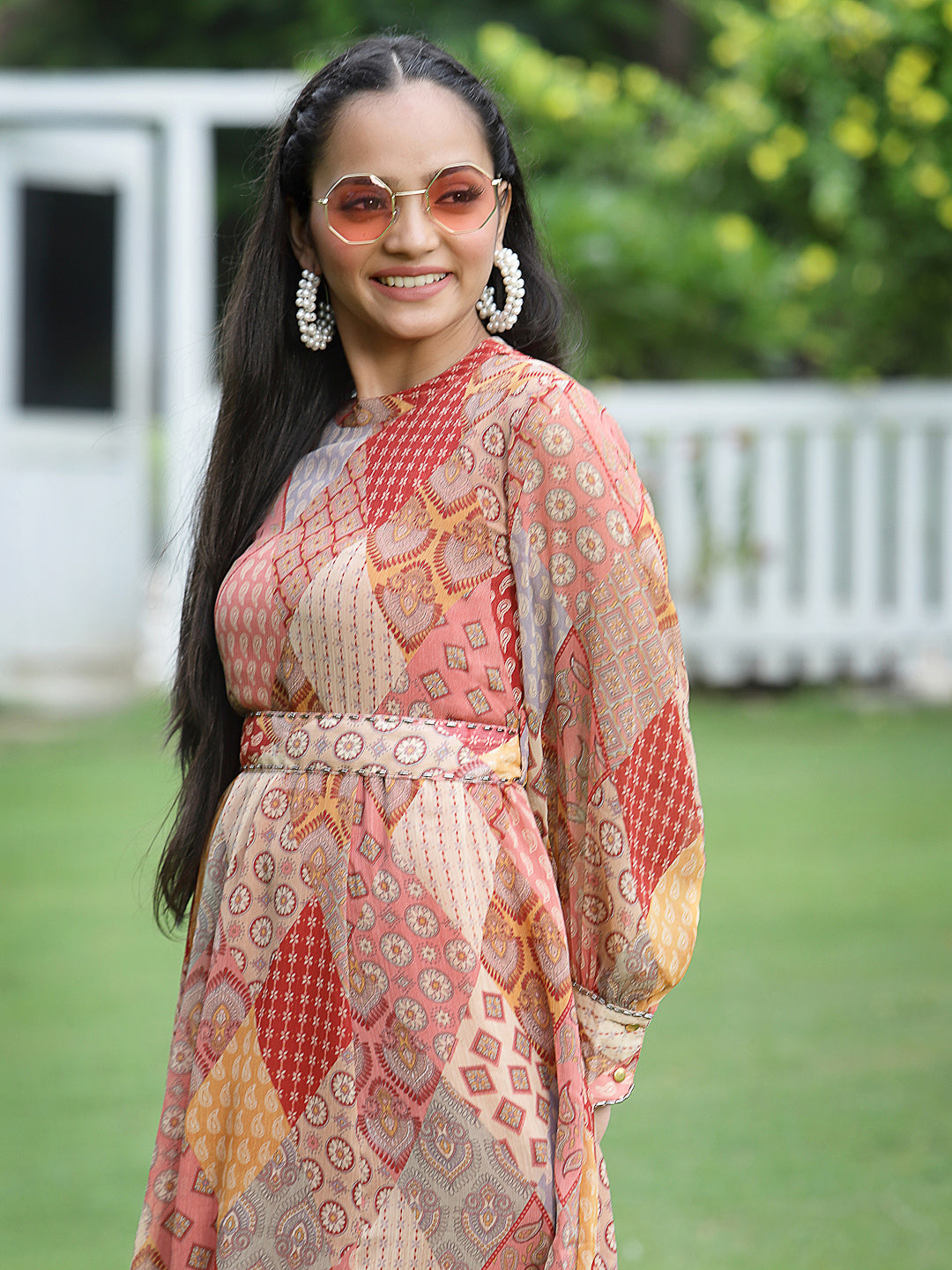 Juniper Peach Geometric Printed Chiffon Maxi Dress with Sequins Work