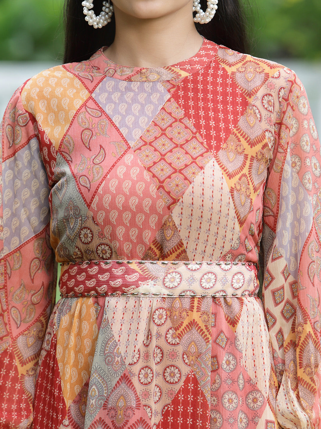 Juniper Peach Geometric Printed Chiffon Maxi Dress with Sequins Work