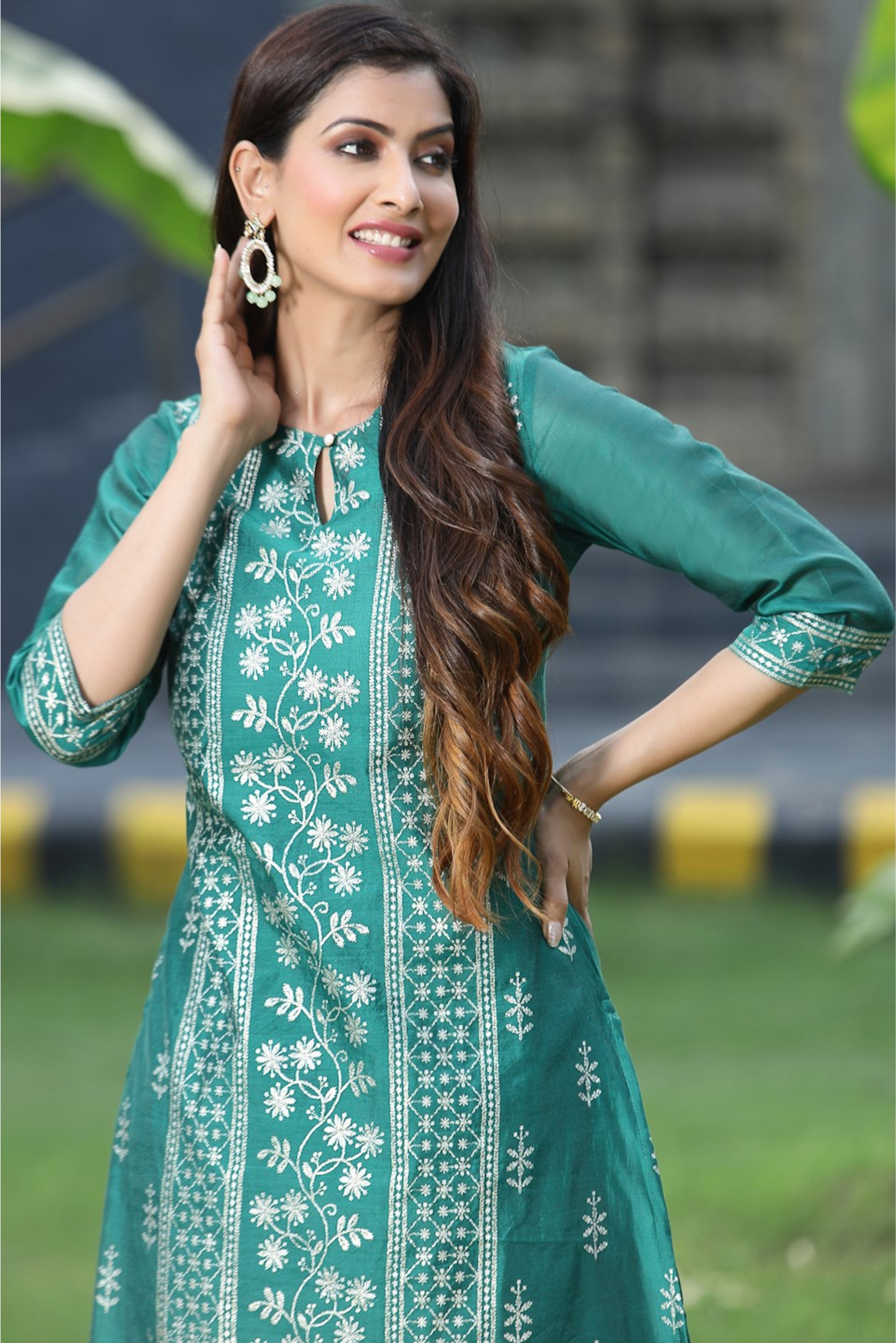 Juniper Rama Green Ethnic Motif Printed Modal Chanderi Kurta With Buttons.