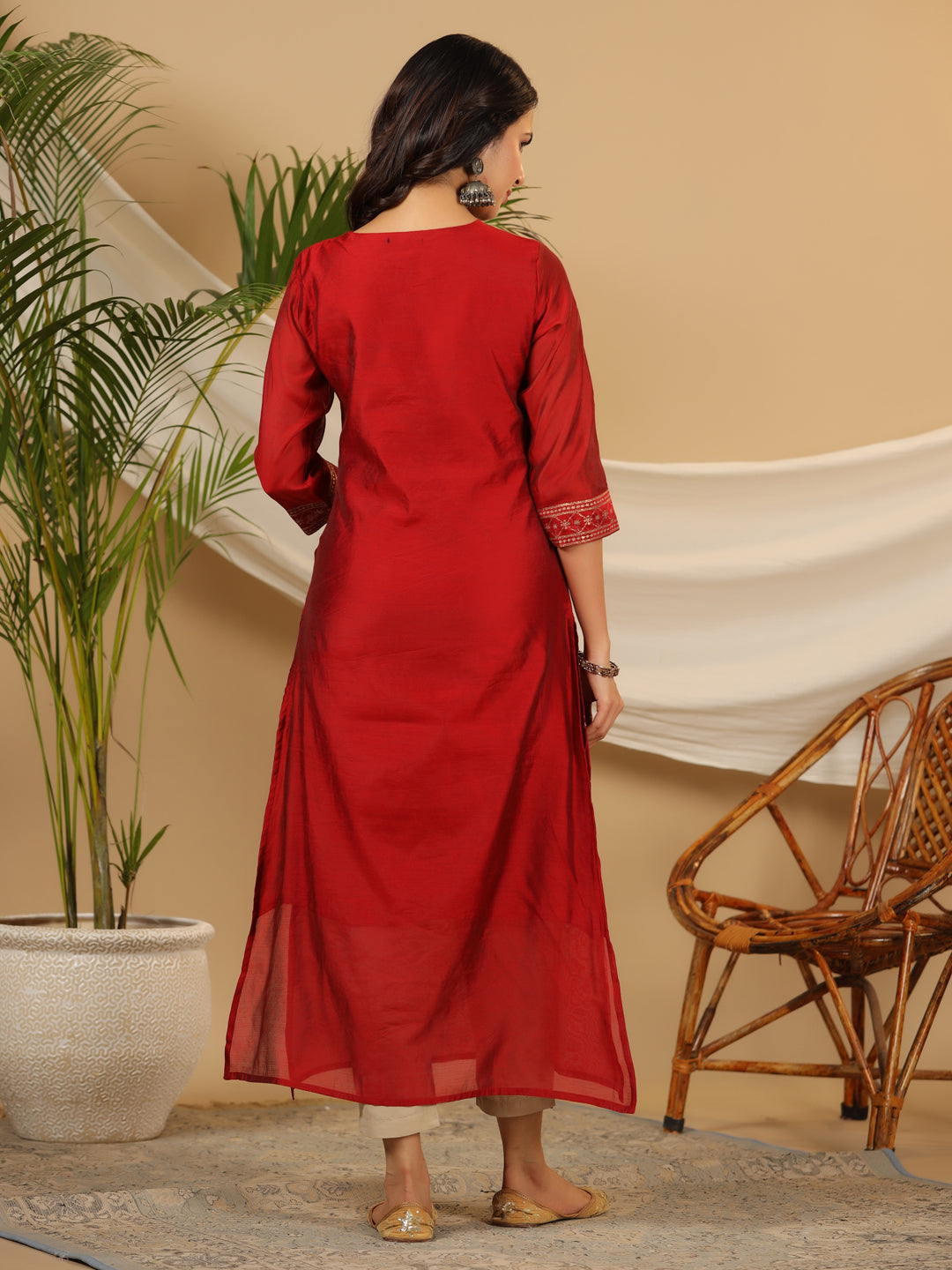 Juniper Women Maroon Chanderi & Silk Printed Kurta Set