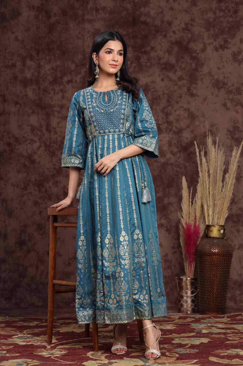 Juniper Teal Ethnic Motif Printed Shantoon Anarkali Dress.