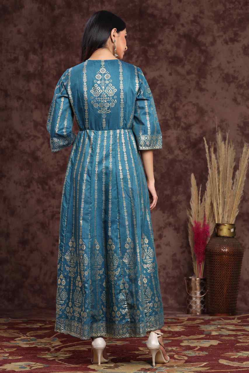 Juniper Teal Ethnic Motif Printed Shantoon Anarkali Dress.