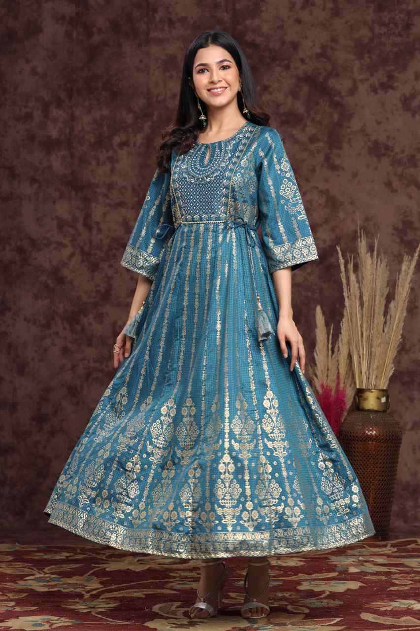 Juniper Teal Ethnic Motif Printed Shantoon Anarkali Dress.