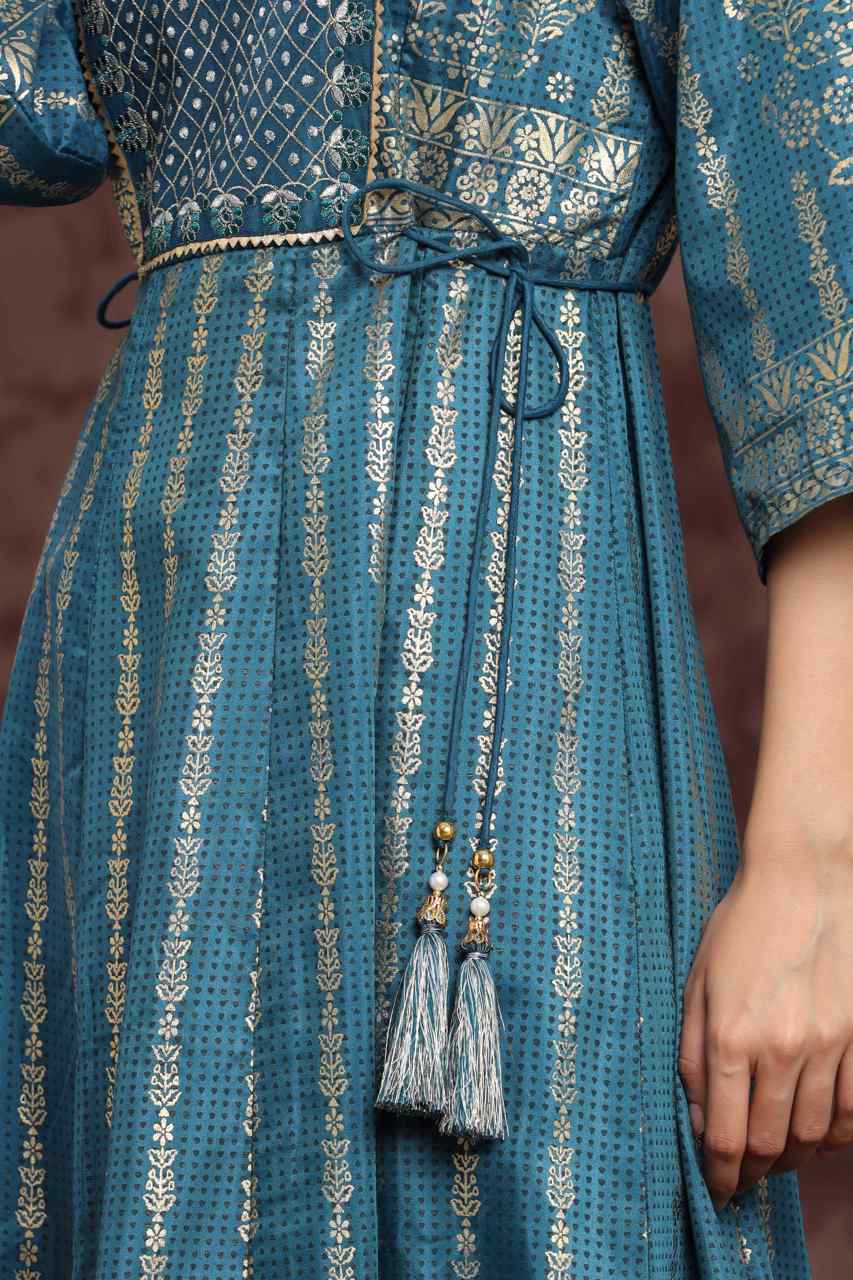 Juniper Teal Ethnic Motif Printed Shantoon Anarkali Dress.