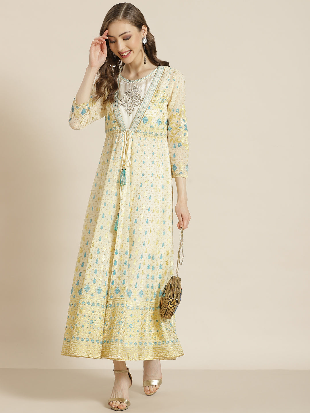 Juniper Ivory Ethnic Motif Printed & Embroidered Georgette Layered Maxi Dress