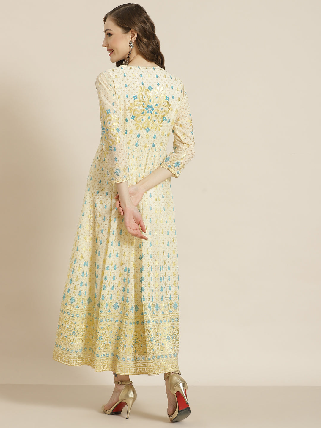 Juniper Ivory Ethnic Motif Printed & Embroidered Georgette Layered Maxi Dress