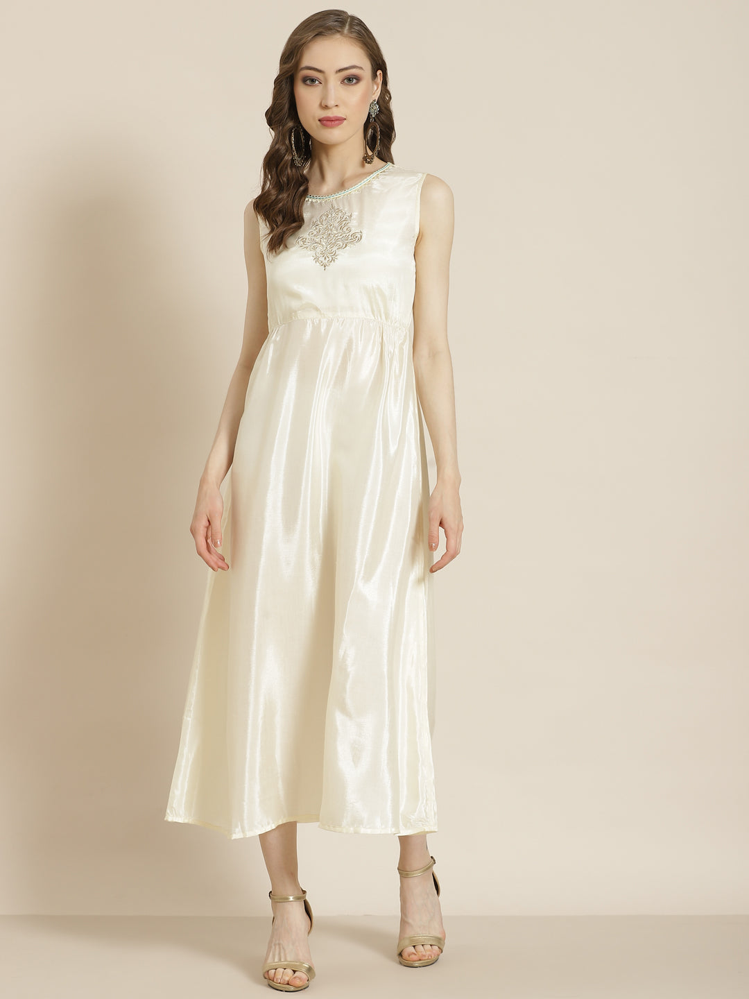 Juniper Ivory Ethnic Motif Printed & Embroidered Georgette Layered Maxi Dress