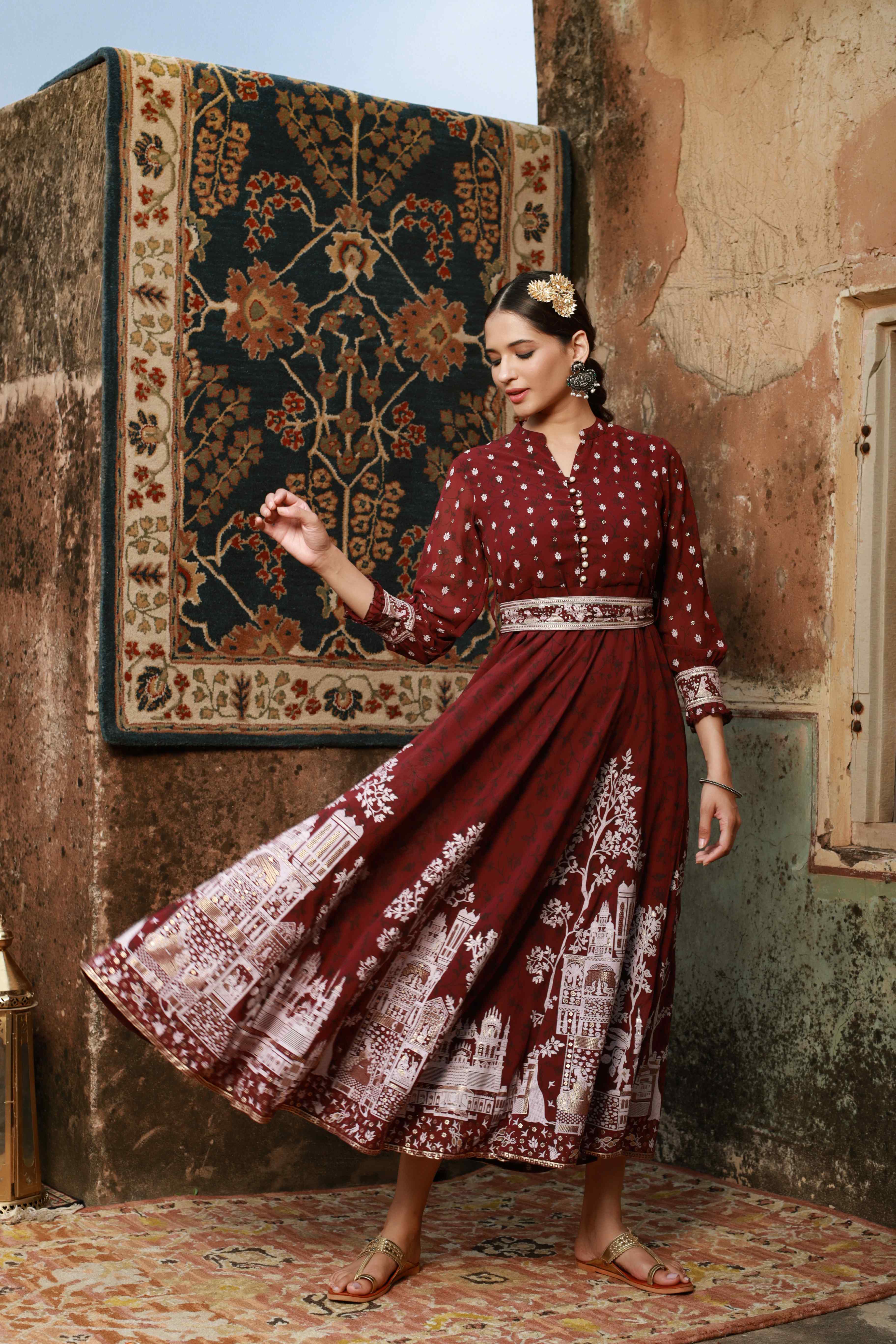 Juniper Wine Ethnic Motif Printed Georgette Flared Maxi Dress.