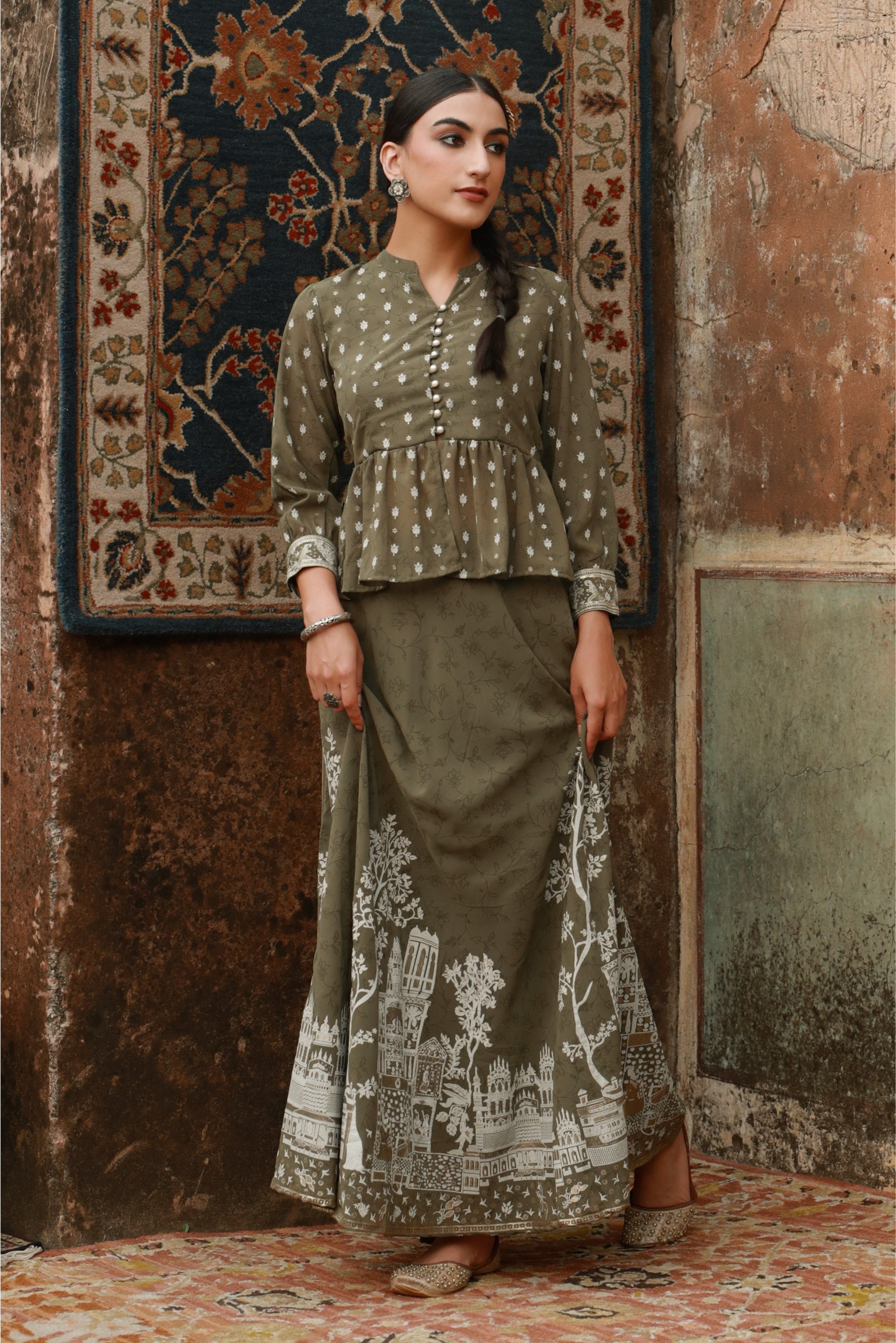 Juniper Olive Ethnic Motif Printed Georgette Lehenga & Choli Set